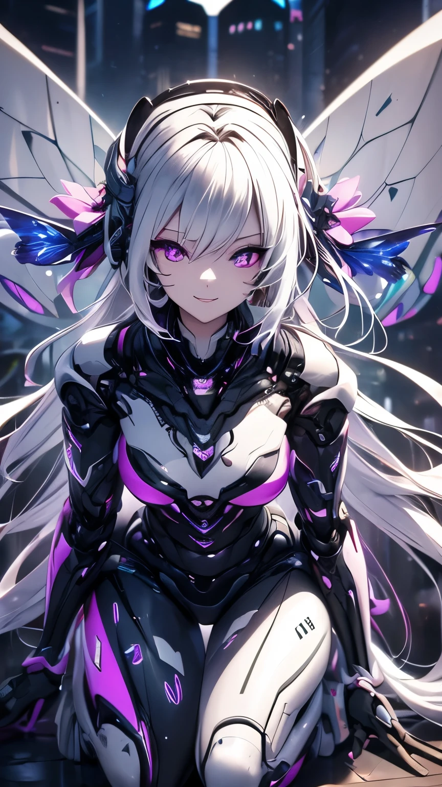 silver hair, hair between eyes, sidelocks, facepaint, hairpods, purple eyes, nervous smile, cinematic lighting, UHD, (super detail), high quality, best quality, high detailed hands and fingers, ((masterpiece)), Cyberpunk, cyberspace, countless colorful rays, female android, mechanical body, ((Full body portrait)), (get down on one knee), bending down, Hair ornament imitating butterfly wings