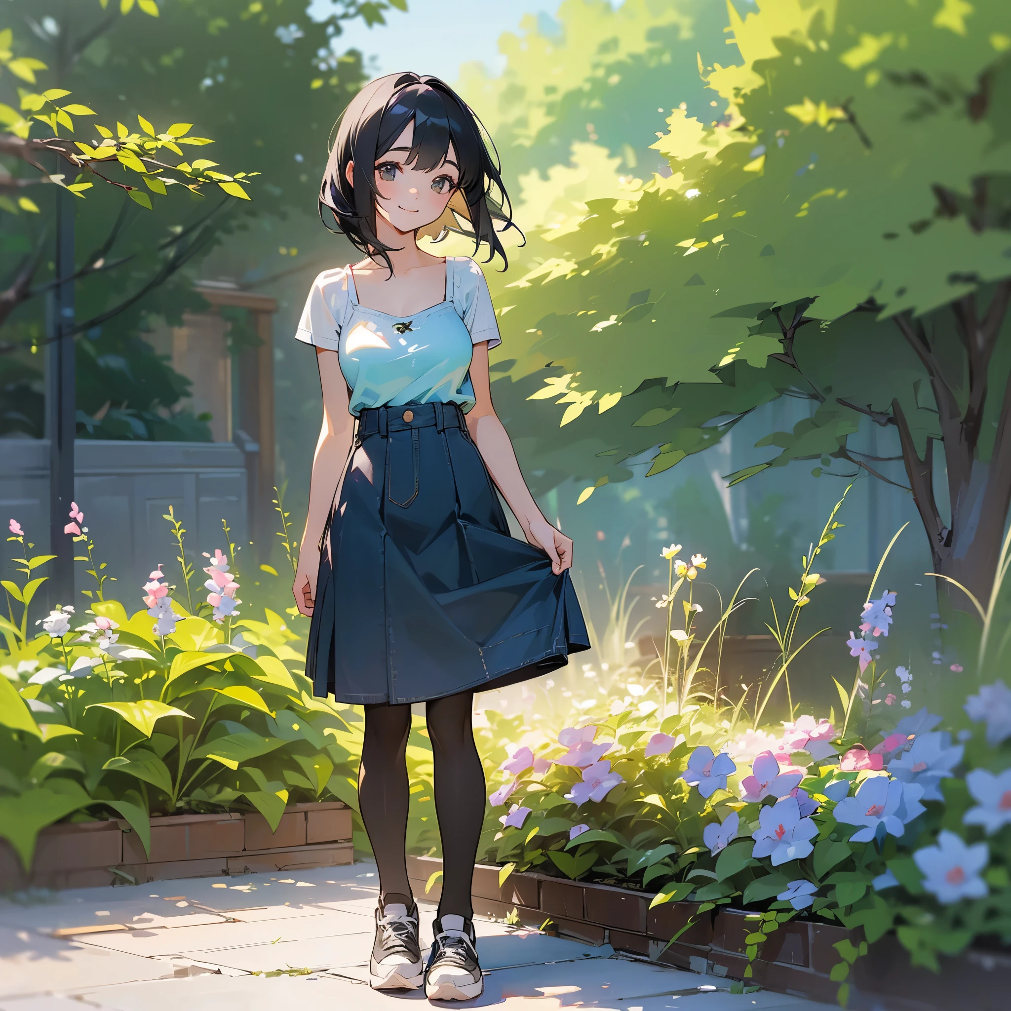 (high quality, High resolution, Very detailed, reality:1.37), Peaceful atmosphere, (Outdoor, garden), Teenage girl standing alone, (my breasts are big.), Beautiful details, Cute Smile, (Black bob hair), camisole, Denim skirt, Black tights, sneakers.