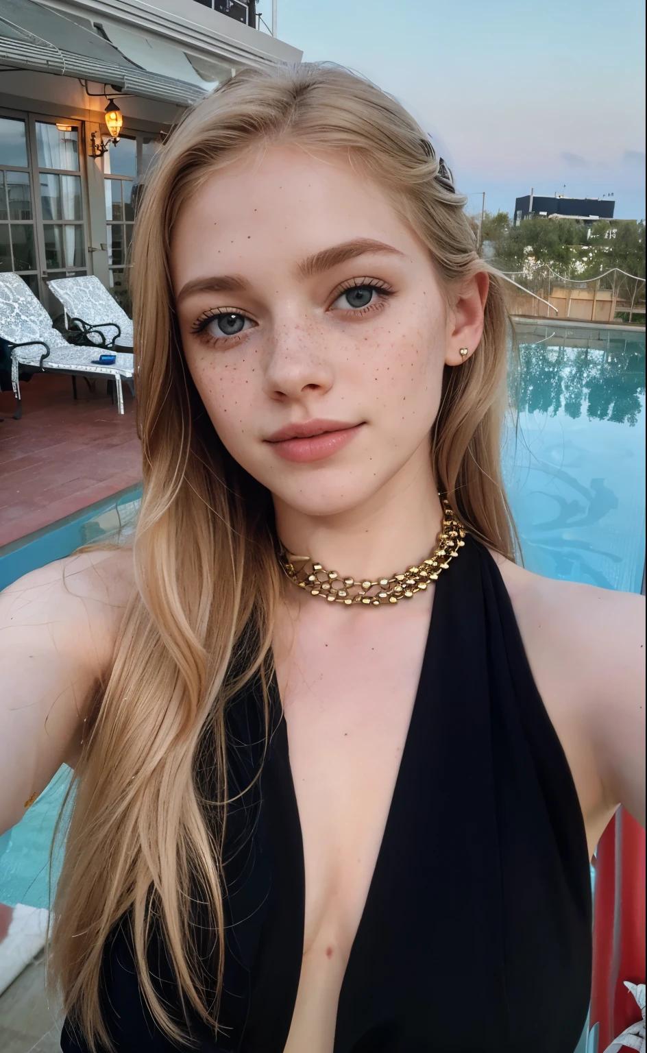 mulher, americana, 25 anos, pale skin and freckles, olhos cinzas, nariz delicado, soft and delicate lips, longo, cabelo blondie longo e ondulado na altura da cintura, sorriso meigo, face with delicate feminine facial features, altamente renderizado