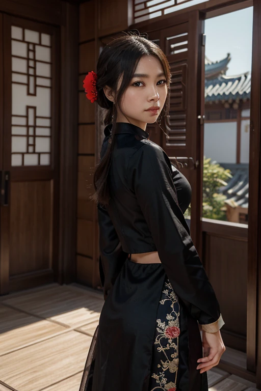 a close-up of an Asian woman in her 20s, com olhos azuis e cabelos loiros, usando um vestido de baile preto e vermelho, a blue-eyed heroine, artista marcial segurando a espada, Standing in a Chinese temple, novo design de conceito de fantasia, in the style of blade and soul, conceito de personagem de corpo inteiro, design detalhado de personagens, inspirado em Yang Jin, inspirado em Li Mei-shu, Chinese costume, inspirado em Lan Ying, inspirado em Sim Sa-jeong, Inspirado por Li Tang, traje com tema lunar, traje com detalhes em preto, inspirado em Ju Lian, arte conceitual colorida, highly design detalhado de personagens, rosto altamente detalhado, inspirado em Ai Xuan, very rosto altamente detalhado, unreal engine rendering, Estilo Final Fantasy 14, Inspirado em Leng Mei