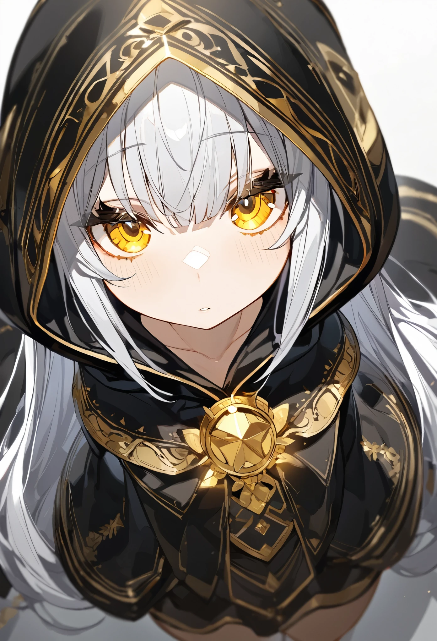 (highest quality:1.2), Extra large hood, Hooded cloak, Wearing a hood, (a black cloak decorated with gold, Golden decoration:1.2), (Gray Hair), Long Hair, Yellow Eyes, black_tank_superior, alone, eyelash, eyeliner, (Flat Chest:1.2), (Shiny skin, Glowing Skin), (from above:2)