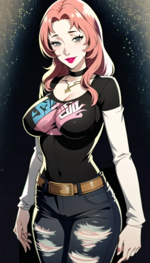 cornelia arnim,pink hair, 1girl, solo, standing, black t-shirt, white shirt, blue jeans, belt, lipstick, large breasts, layered sleeves, smile