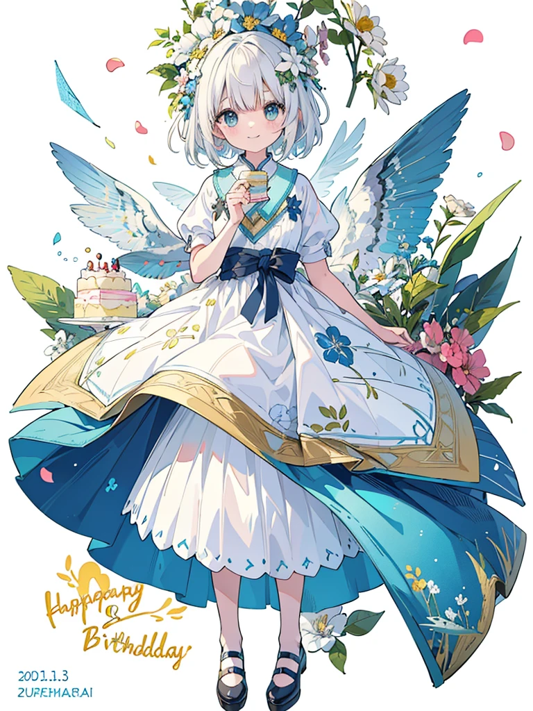 (White background:1.4),(Nature Illustration Summer Festival:1.3,paper art:1.3, Quilted Paper Art:1.2),( Reasonable design, Clear lines, High Sharpness,Best Quality, Very detailed, masutepiece, Movie Light Effects, 4K )(Petals of various colors:1.0)、Lots of celebrations fluttering、the wind、Background with、birthday cake、cut and sewn tunic, hair at the base、Garrant、happy birthday、full body Esbian、A delightful、Happy smile、kirakira、Delicious looking cake