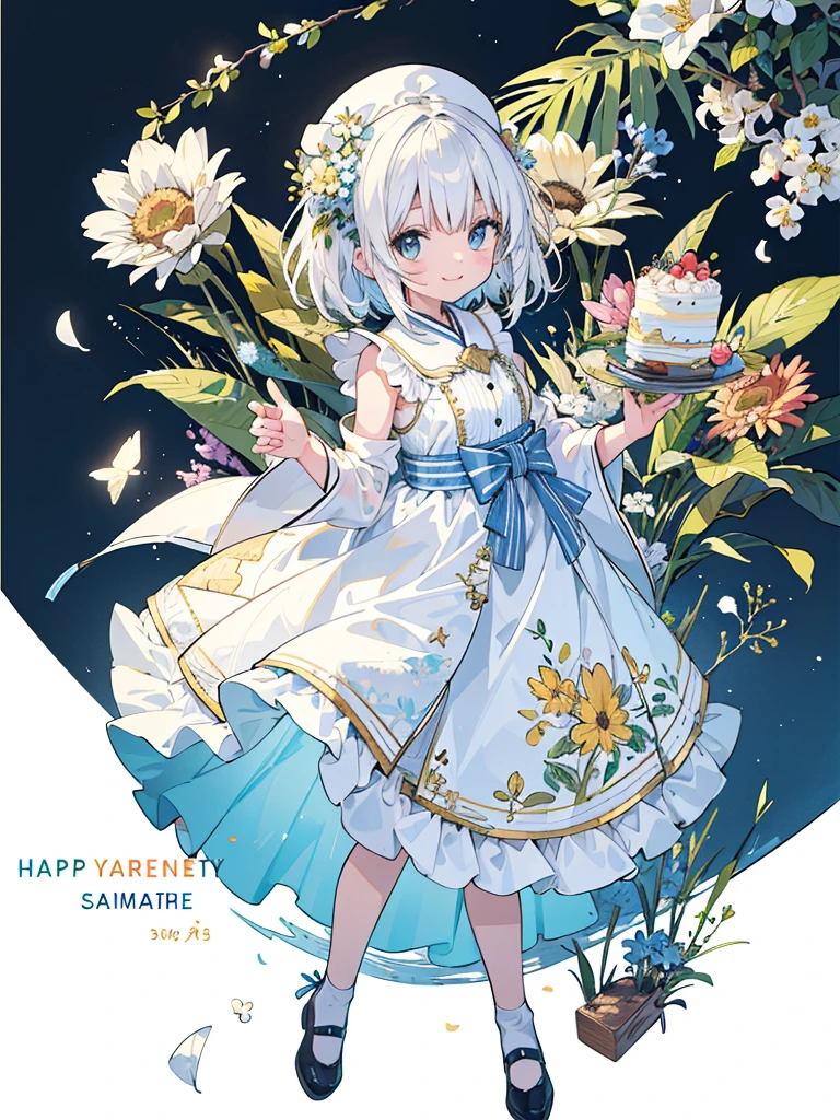 (White background:1.4),(Nature Illustration Summer Festival:1.3,paper art:1.3, Quilted Paper Art:1.2),( Reasonable design, Clear lines, High Sharpness,Best Quality, Very detailed, masutepiece, Movie Light Effects, 4K )(Petals of various colors:1.0)、Lots of celebrations fluttering、the wind、Background with、birthday cake、cut and sewn tunic, hair at the base、Garrant、happy birthday、full body Esbian、A delightful、Happy smile、kirakira、Delicious looking cake