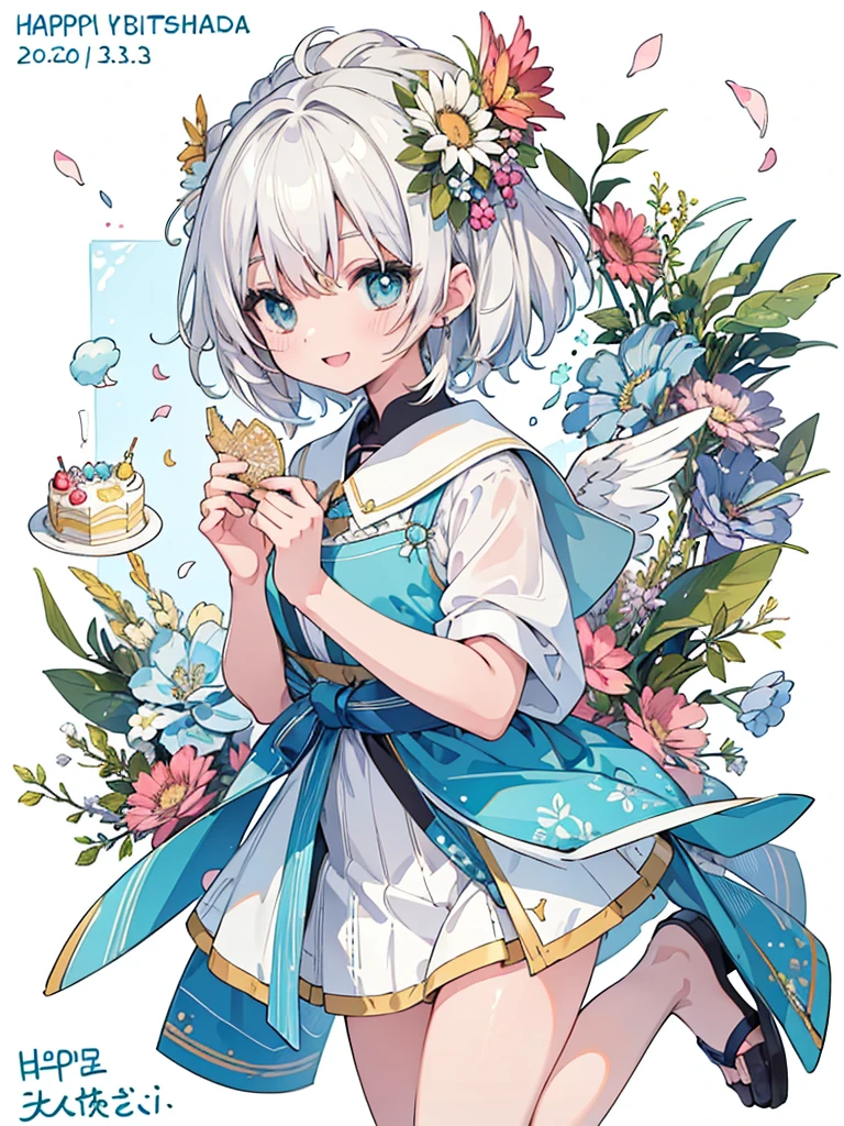 (White background:1.4),(Nature Illustration Summer Festival:1.3,paper art:1.3, Quilted Paper Art:1.2),( Reasonable design, Clear lines, High Sharpness,Best Quality, Very detailed, masutepiece, Movie Light Effects, 4K )(Petals of various colors:1.0)、Lots of celebrations fluttering、the wind、Background with、birthday cake、cut and sewn tunic, hair at the base、Garrant、happy birthday、full body Esbian、A delightful、Happy smile、kirakira、Delicious looking cake