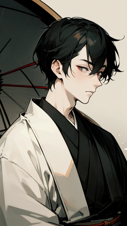 Black kimono from the Taisho period、（Pale-faced handsome man）、（sick and emaciated）、Upper Body、Black Hair、