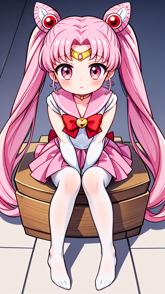 Sailor Moon，young年，Seven years old，cute，Metal hairpins，（***********），（Little ****），Pink Hair，（Double tail），Sailor Suit，Red bow，White elbow gloves，Red Skirt，No shoes，(White pantyhose)，(young)，(Small)，（Sitting with knees hugged），（Short legs）