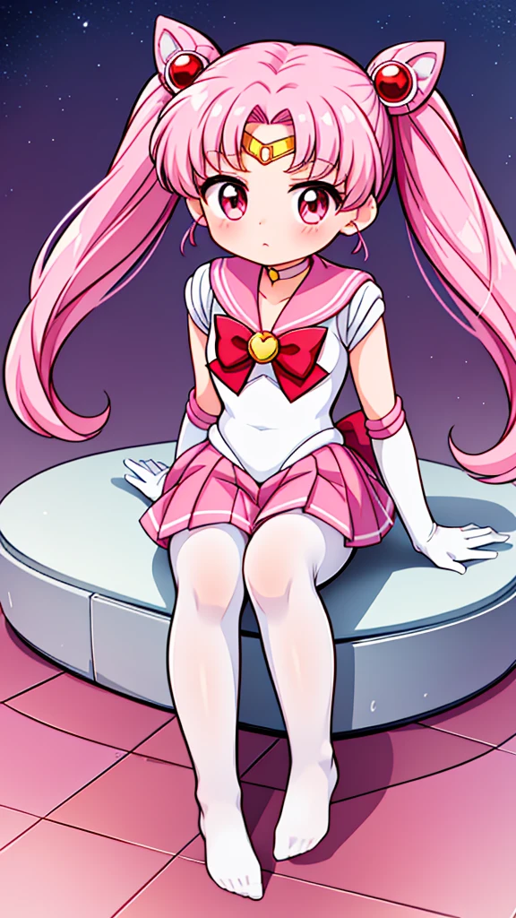 Sailor Moon,young年,Seven years old,cute,Metal hairpins,(little girl),(Little Loli),Pink Hair,(Double tail),Sailor Suit,Red bow,White elbow gloves,Red Skirt,No shoes,(White pantyhose),(young),(Small),(Sitting with knees hugged),(Short legs)