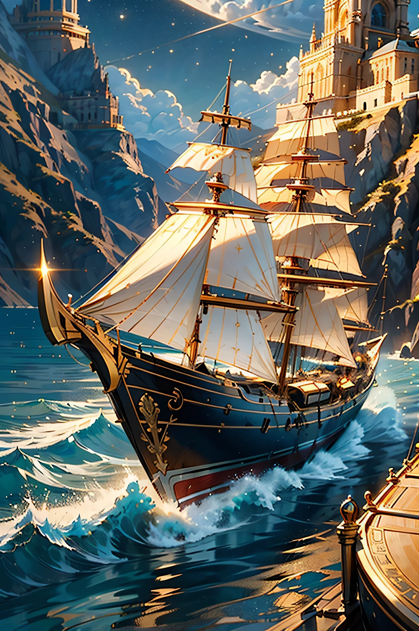 masterpiece, highest quality, Golden engraving style, No humans, Shine, Fantasy, Starry Sky, architecture, water, Ocean, Ocean, (Boat),sailboat,The sea is full of big waves,White cloud