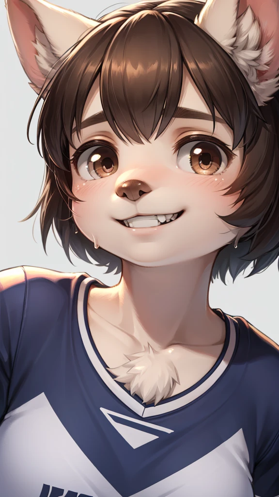 Unrealistic Perspective , dynamic angle , dynamic model action , realistic hairy fur , round face , moist round eyes , Swollen cheeks , hair ties , Short stature ,
(Gray background:1.5, Close-up shot:1), (Realistic:1.4), (highest quality:1.0), (Ultra-high resolution:1.0), 8k, RAW Photos, (masterpiece:0.2), One girl, Beautiful Skin, Detailed skin, Big smile, teeth, (short hair:1), (Soccer uniforms:1.2)