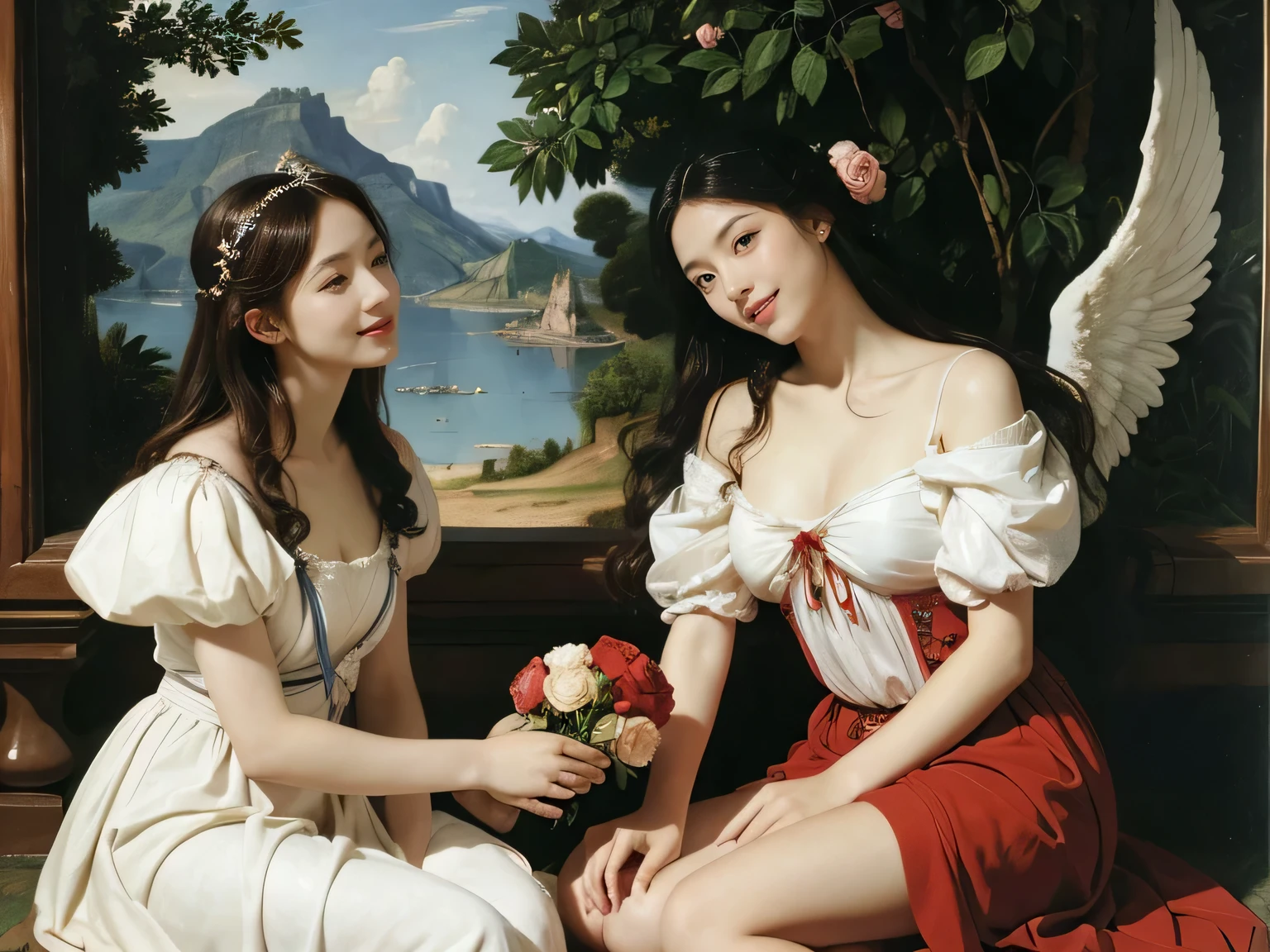 Female angel with two white wing,full body portrait or statue、Sandro Botticelli painting style,Arguments of two female Philosophe,math、astronomical machine、astronaut、roses in vase、fruits、Cute trinkets、smile、ancient greek costume、Ancient Roman landscape in the style of Nicolas Poussin,laughter,,Sweet and seductive appearance.、Caravaggio's paintings、Chiaroscuro of Caravaggio、hair tousled by the wind,Two women frolicking,cute smile, expression of ecstasy,Sexy,erotic