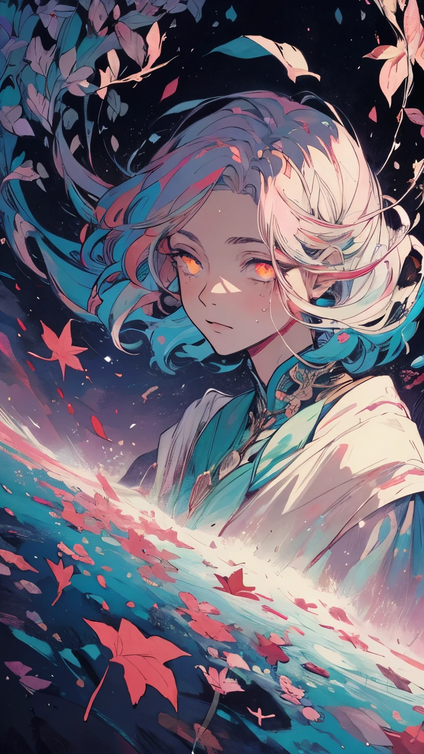 masterpiece, best quality, 4k, female, mature woman,glowing eyes,(fair skin),(multiple colored hair),long hair,falling leaves,stones,(colorful),visually stunning,mystical,mystical forrest,occult, beautiful, evocative, emotional,floating flowers,floating eyeballs,dreamwave,upperbody,aesthetic,abstract,colorful ,