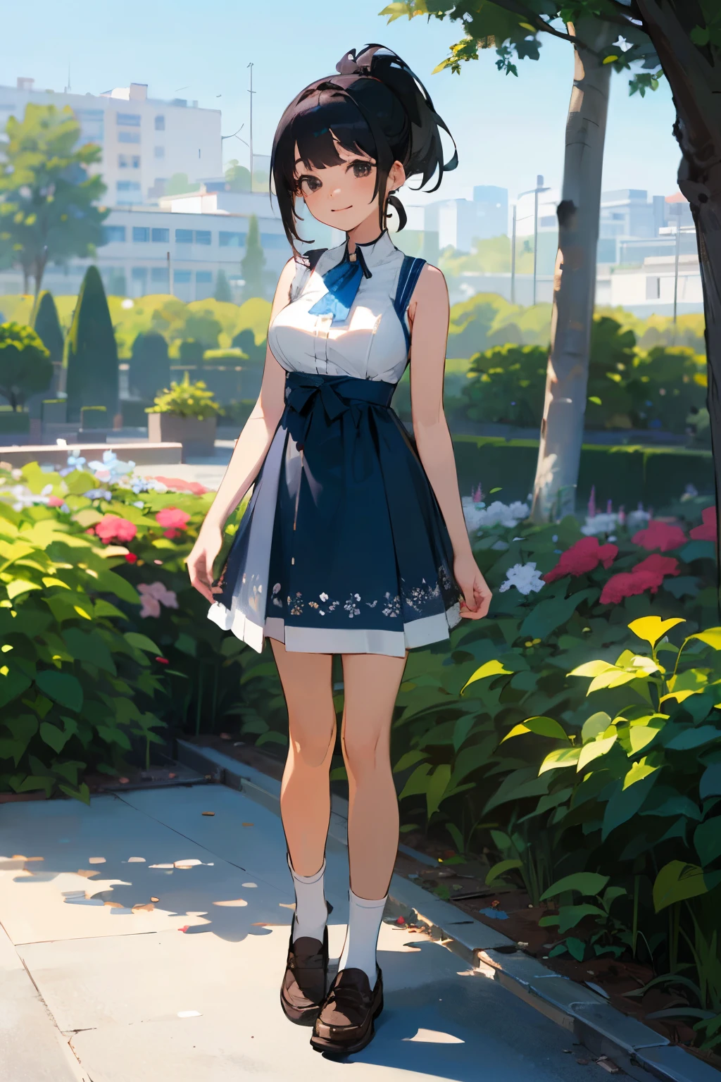(high quality, High resolution, Very detailed, reality:1.37), Peaceful atmosphere, (Outdoor, garden), Teenage girl standing alone, (my breasts are big.), Beautiful details, Cute Smile, (Black hair ponytail), Blue sleeveless dress, White socks, loafers.