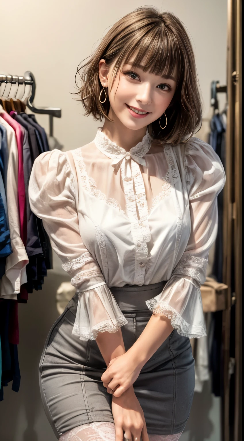 ((((Very short))))、Earrings、Collared shirt、((((Blunt bangs)))) ((Short bangs))、Shorn bangs、(((Inside a stylish secondhand clothing store)))、(masterpiece、highest quality、In 8K、32k、masterpiece、Super huge 、超A high resolution、Impressionism、Realistic:1.2)、Cowboy Shot、Sharp focus、Beautiful face with detailed background of face and eyelids、blue sky、Glowing Skin、Sharp pupils、Realistic eyes and beautiful face、Blurred Background、Beautiful 28 year old girl、Glowing Skin、(((bright and beautiful hair)))、iris、(((Puff sleeve lace grey blouse)))、(Knee-length tight skirt)、Thighs、curve、Dynamic pose、Powerful composition、((smile))、((Calm expression))、sweating、((Pink-beige hair color))、High nose、(Small Mouth)、Skirt tearing、stockings、Pubic hair is visible、clerk、(Wearing a name tag)