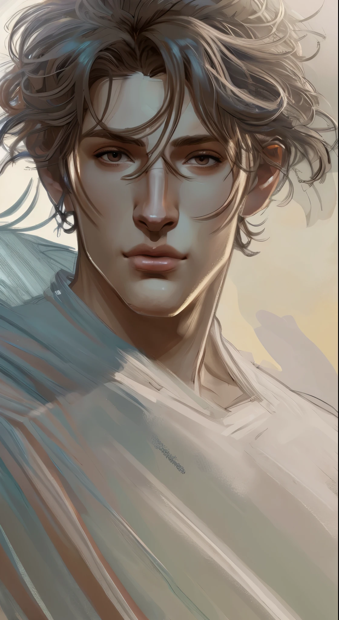 Close-up portrait of a male angel, d & d, face, Fantasy, Complex, elegant, Very detailed, Digital Painting, Art Station, Concept Art, Smooth, Sharp focus, figure, ArtJam、Greg Rutkowski、Art by Alphonse Mucha