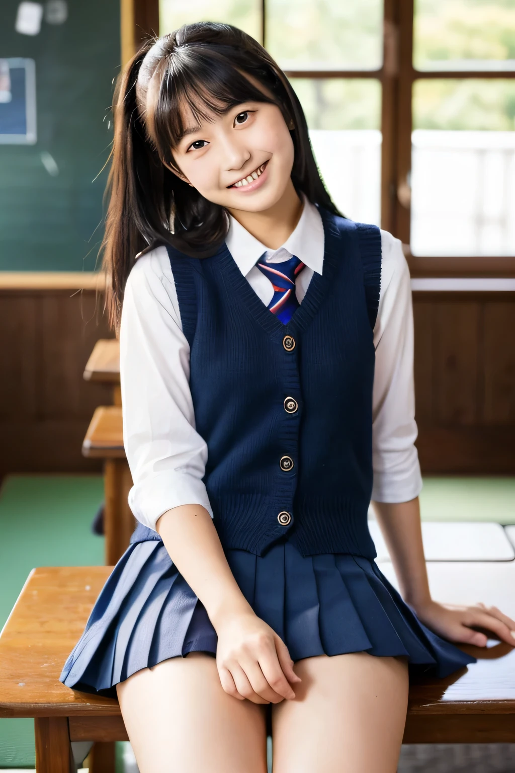 ((masterpiece)), japanese, (a girl), (18 years old), (((school uniform))), smiling, indoor, dark blue knit vest, thighs,