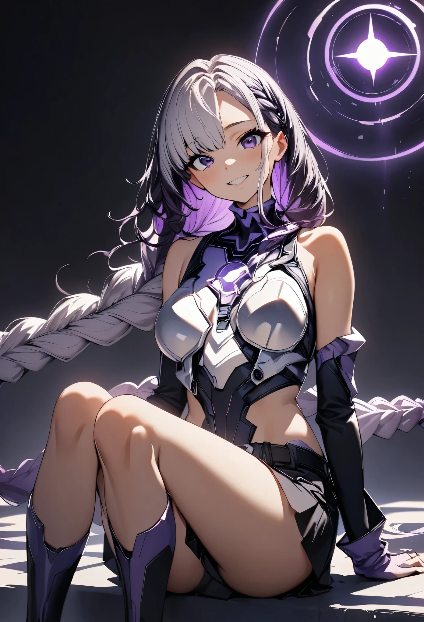 (highest quality:1.2, Very detailed, animeスタイル:1.37, anime, High Contrast, masterpiece:1.2, highest quality, Best aesthetics), 1 Female, Cyber Suit, Separated sleeves, Bare shoulders, Black top, Silver breastplate, Energy disk on chest, Black Mini Skirt, (Belt connecting left and right sleeves:1.1), 黒に紫色のアクセントが入ったCyber Suit, ((White Hair:1.4, Purple inner color hair, Braided long hair, White and purple hair accessories:1.2, Dark purple bangs:1.1, Asymmetrical bangs)), Purple Eyes, Double eyelids, Detailed face, Loose braid, smile:1.2, Indifference, kind, sit, 階段にsit, Full body view.