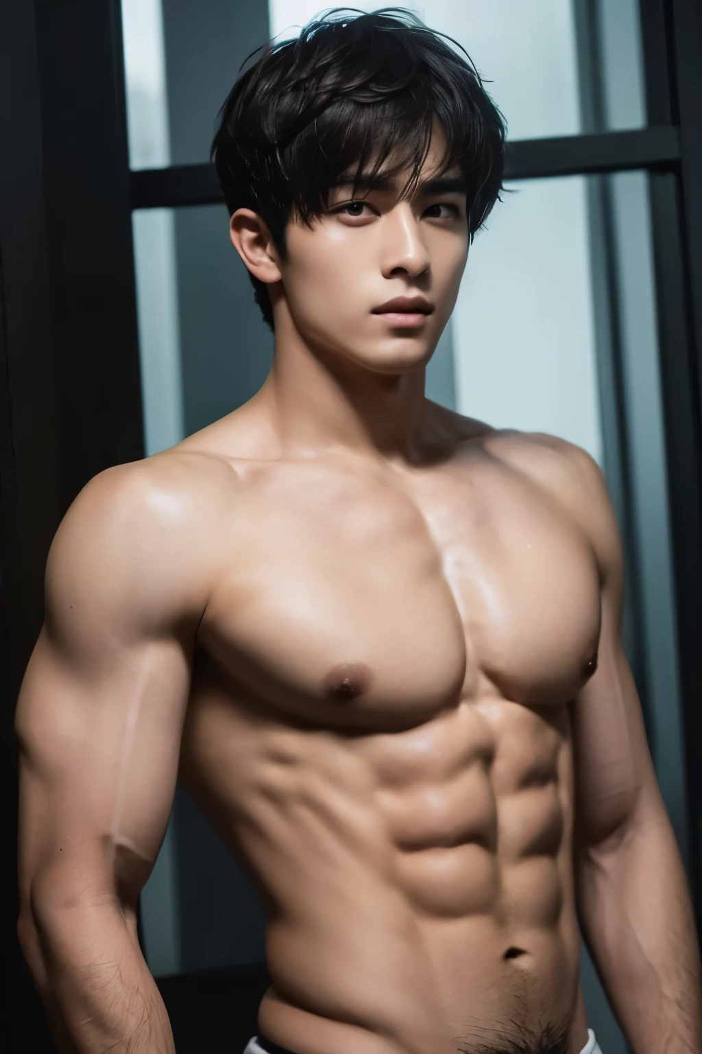 short detailed hair,Naked upper body,musculature,Black hair,serius face,Handsome boys,