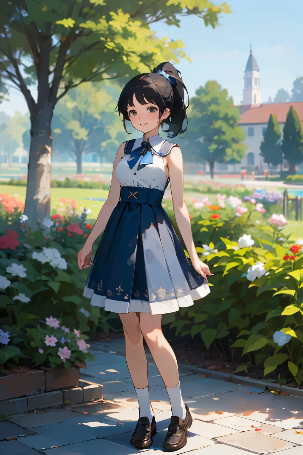 (high quality, High resolution, Very detailed, reality:1.37), Peaceful atmosphere, (Outdoor, garden), Teenage girl standing alone, (my breasts are big.), Beautiful details, Cute Smile, (Black hair ponytail), Blue sleeveless dress, White socks, loafers.