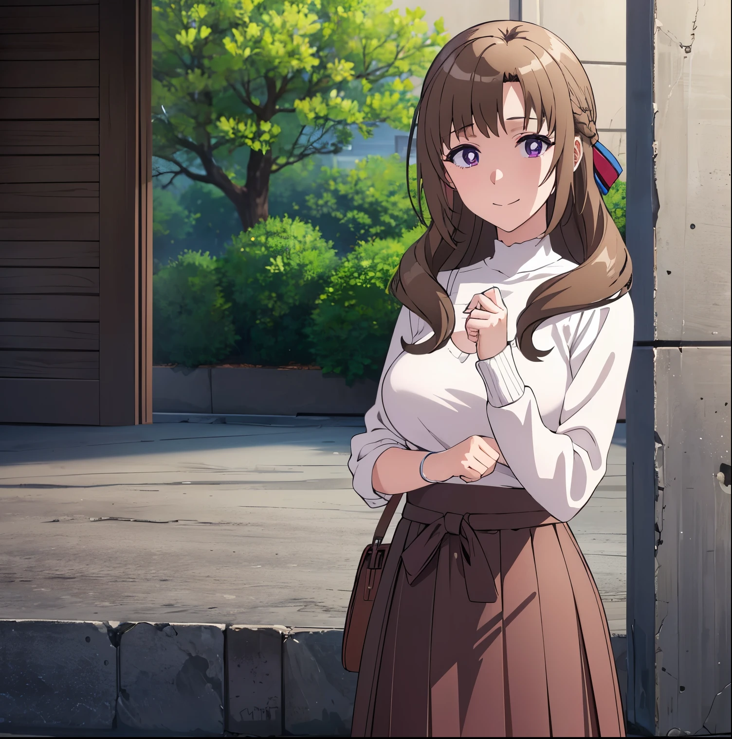 1girl, alone, mamako oosuki,masterpiece,(best quality),natural lighting,RTX,beautiful,vibrant colors,8k,(detailed face:1.2),brown hair,long hair, (hair down),purple eyes,(perfect eyes:1.1),mature female,big breasts,sexy woman,white shirt,pants,sweater,ribbon,closed clothes,bare shoulders,skirt,smile,looking at viewer,((show off pantie)), perfect hands, perfect anatomy 