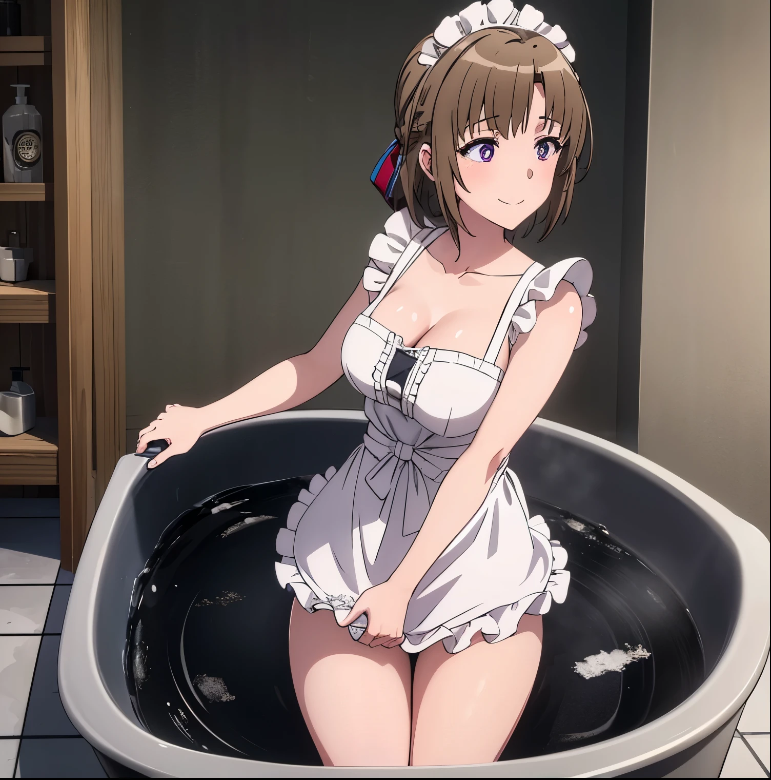 1girl, alone,Mamako oosuki, portrait, big breasts, smile, french maid dress, ((short skirt)), frills, apron, (((scrubbing tub))), bathroom, perfect quality, good quality, masterpiece, HDR, UHD , perfect hands, perfect anatomy 