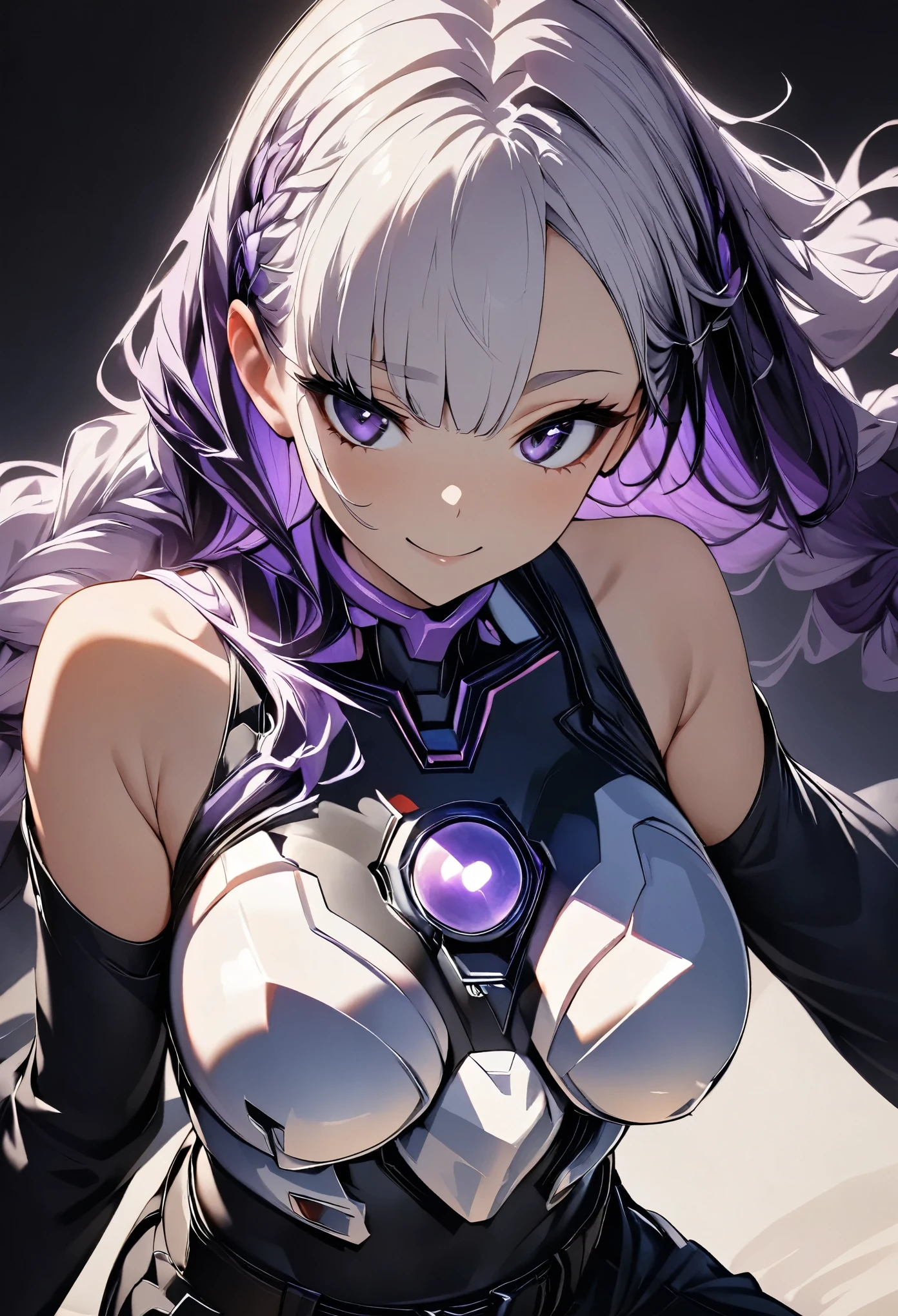 (highest quality:1.2, Very detailed, animeスタイル:1.37, anime, High Contrast, masterpiece:1.2, highest quality, Best aesthetics), 1 Female, Cyber Suit, Separated sleeves, Bare shoulders, Black top, Silver breastplate, Energy disk on chest, Black Mini Skirt, (Belt connecting left and right sleeves:1.1), 黒に紫色のアクセントが入ったCyber Suit, ((White Hair:1.4, Purple inner color hair, Braided long hair, White and purple hair accessories:1.2, Dark purple bangs:1.1, Asymmetrical bangs)), Purple Eyes, Double eyelids, Detailed face, Loose braid, smile:1.2, Indifference, kind, sit, 階段にsit, Full body view.