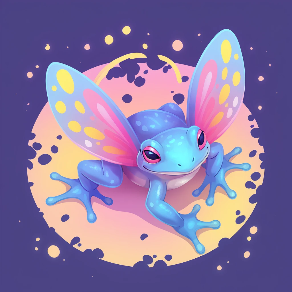 Dirty Frog with primarily  light-gray-blue  and indigo pink and  yellow color palette with background in butterfly art style