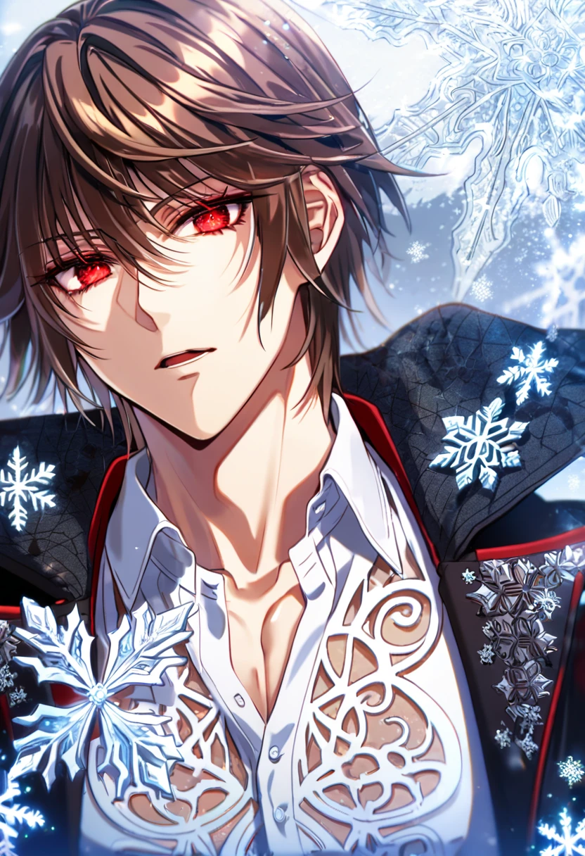 Ultra detailed, HDR, Highres, absurdres, master piece, Kuran Kaname, brown hair, expressive red eyes, black coat with patterns, Vampire Knight, ice butterflies, winter, ice, snowflakes, white flowers, sexy man, solo, extremely detailed face and eyes, handsome, glittering, toned chest, white shirt,
