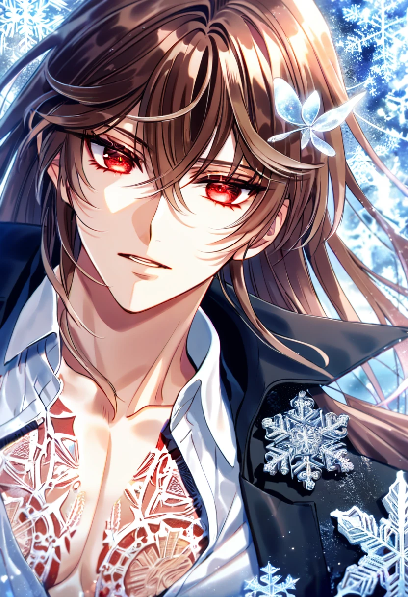 Ultra detailed, HDR, Highres, absurdres, master piece, Kuran Kaname, brown hair, expressive red eyes, black coat with patterns, Vampire Knight, ice butterflies, winter, ice, snowflakes, white flowers, sexy man, solo, extremely detailed face and eyes, handsome, glittering, toned chest, white shirt,