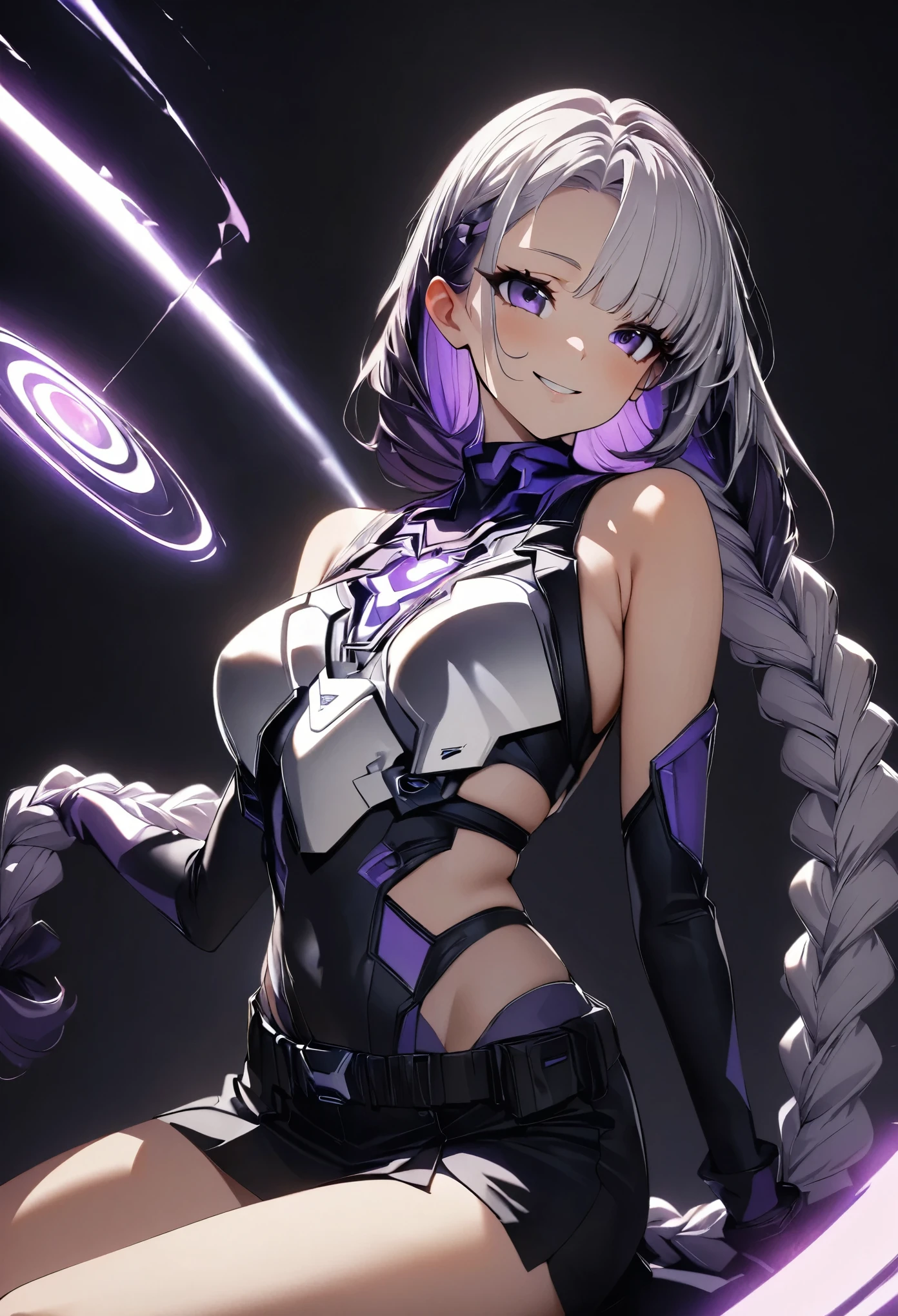 (highest quality:1.2, Very detailed, animeスタイル:1.37, anime, High Contrast, masterpiece:1.2, highest quality, Best aesthetics), 1 Female, Cyber Suit, Separated sleeves, Bare shoulders, Black top, Silver breastplate, Energy disk on chest, Black Mini Skirt, (Belt connecting left and right sleeves:1.1), 黒に紫色のアクセントが入ったCyber Suit, ((White Hair:1.4, Purple inner color hair, Braided long hair, White and purple hair accessories:1.2, Dark purple bangs:1.1, Asymmetrical bangs)), Purple Eyes, Double eyelids, Detailed face, Loose braid, smile:1.2, Indifference, kind, sit, 階段にsit, Full body view.