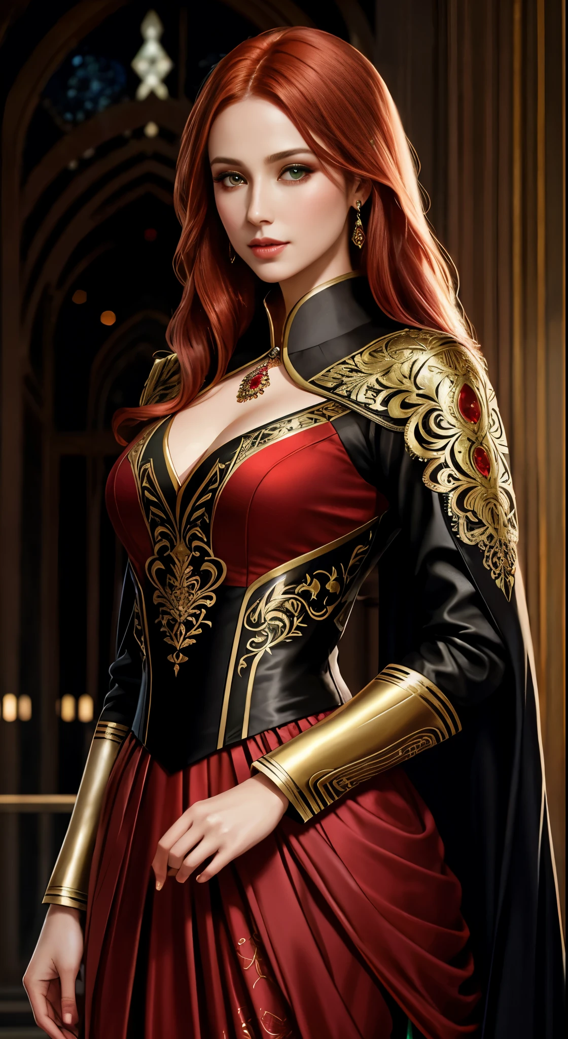 Beautiful formal lady with 8k red
hair, glowing green eyes ,iintricate,ellegance,Highly meticulous,A majestic,digital photography,The art was painted by Artgerm and Ruan Jia and Greg Rutkowski by Surrealist filigree,brokenglass,(tmasterpiece,Sideslit,exquisite and beautiful eyes:1.2 ), Human Development Report,wearing formal red islamic amzing dress from with jacket