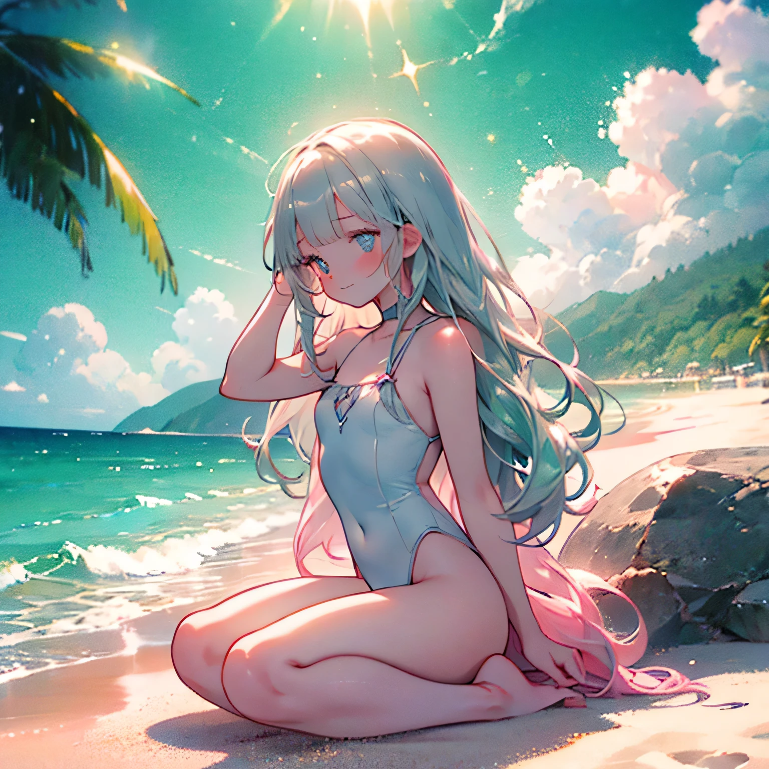 (flat sitting on the beach),full body,low angle,from below,((both arms up)),(pink elegant one piece swimsuit),((1girl,cute,young,semi long beautiful silver green hair,blunt bangs,beautiful eyes)),(solo),((masterpiece, highest resolution,best quality)), (beautiful illustration),(looking at the viewer), innocent smile,cinematic lighting,beautiful emerald green beach, white sand,waves,clouds,blue sky