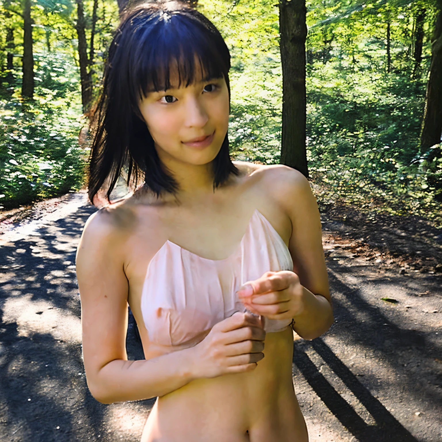 (morning), 1 girl solo, in the woods naked, have an hot body and looked horny