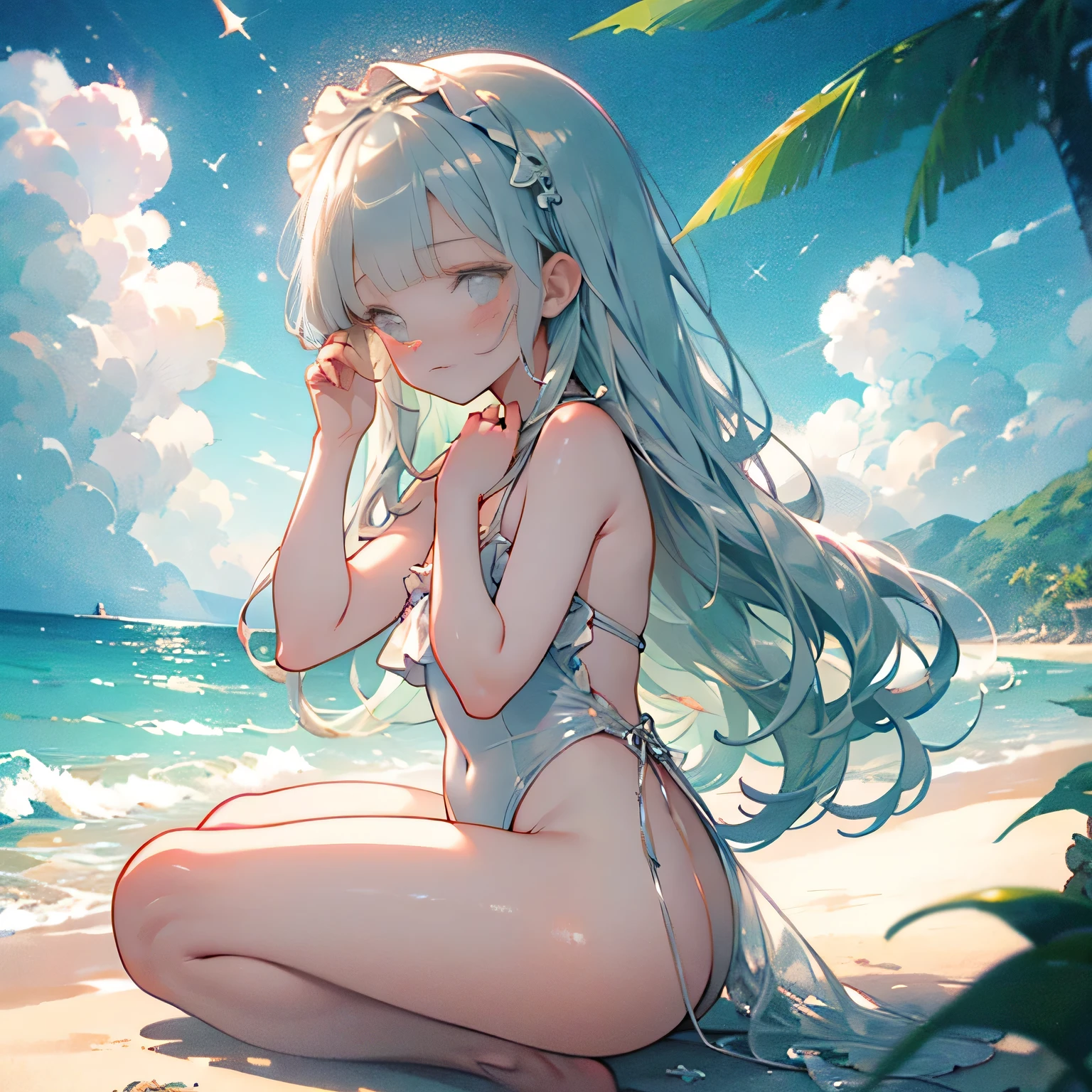 (flat sitting on the beach),full body,low angle,from below,((both arms up)),(pink elegant one piece swimsuit),((1girl,cute,young,semi long beautiful silver green hair,blunt bangs,beautiful eyes)),(solo),((masterpiece, highest resolution,best quality)), (beautiful illustration),(looking at the viewer), innocent smile,cinematic lighting,beautiful emerald green beach, white sand,waves,clouds,blue sky