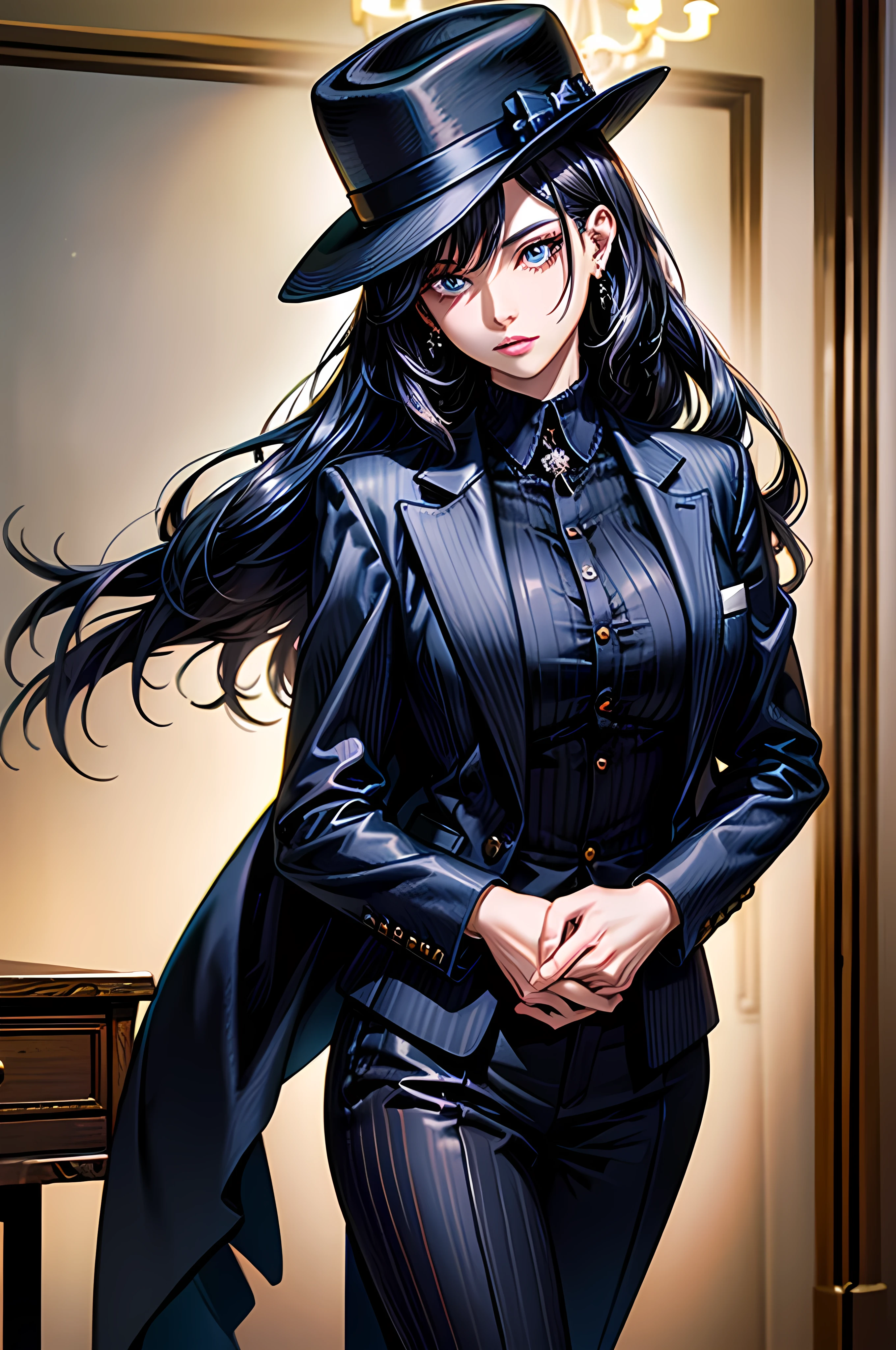 masterpiece, ultra detailed, high resolution, best quality image of a lady, standing confidently, holding a sleek handgun, wearing a fedora that casts a shadow over her piercing eyes, danger and composed expression, dressed in a tailored black pinstripe suit, the jacket slightly open to reveal a silk white blouse underneath, with black high heels, background is filled with vintage furniture, large oak desk, and a dimly glowing chandelier, volumetric lighting, cinematic shot.