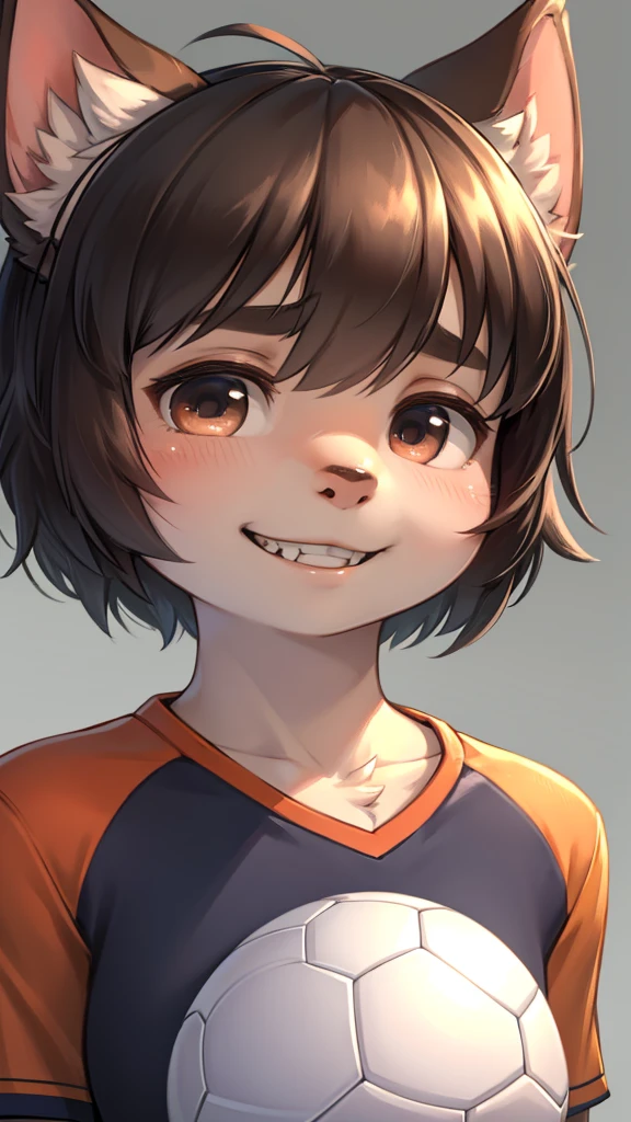 Unrealistic Perspective , dynamic angle , dynamic model action , realistic hairy fur , round face , moist round eyes , Swollen cheeks , hair ties , Short stature ,
(Gray background:1.5, Close-up shot:1), (Realistic:1.4), (highest quality:1.0), (Ultra-high resolution:1.0), 8k, RAW Photos, (masterpiece:0.2), One girl, Beautiful Skin, Detailed skin, Big smile, teeth, (short hair:1), (Soccer uniforms:1.2)