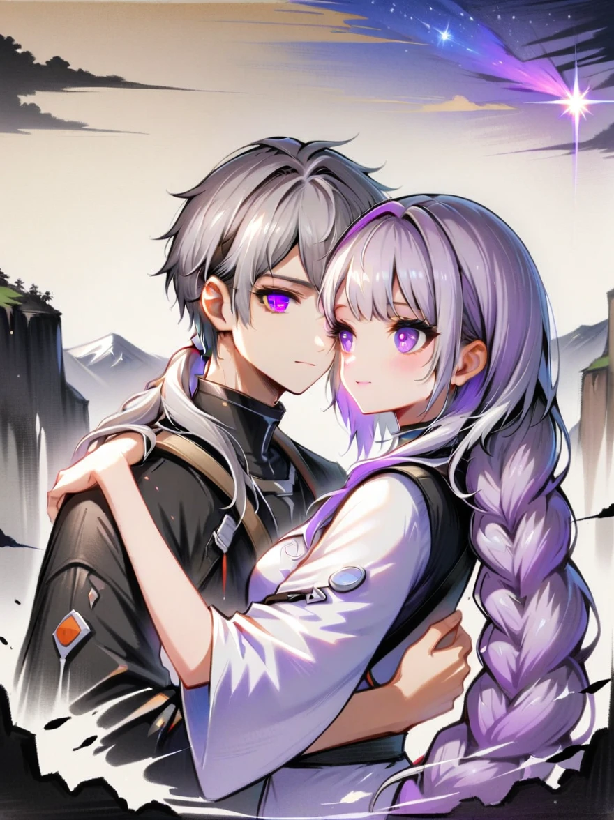 (1yj1),Ink Painting,Close shot, 1gir, 1boy, Embrace,Eyes look at you,Purple Hair,Purple Eyes,Long hair,Gray hair,Ponytail,(1 couple),Behind is a starry sky cliff,landscape,Ultra HD,Freehand style,majestic,Natural light, (Couples focus), (portrait:1.5)