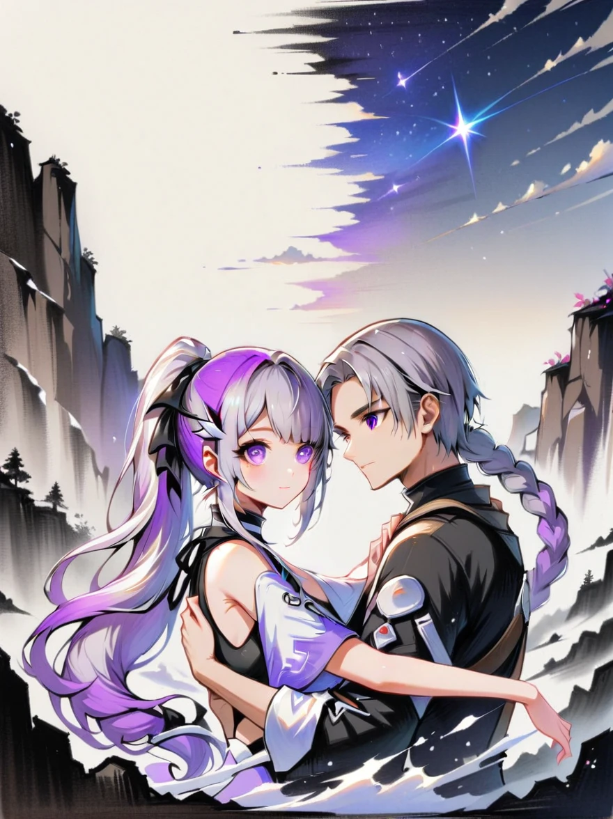 (1yj1)，Ink Painting，Close shot, 1gir, 1boy, Embrace，Eyes look at you，Purple Hair，Purple Eyes，Long hair，Gray hair，Ponytail，(1 couple)，Behind is a starry sky cliff，landscape，Ultra HD，Freehand style，majestic，Natural light, (Couples focus), (portrait:1.5)