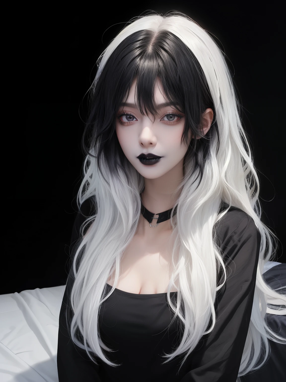 masterpiece, adult, indoors, woman with black and white ombre hair, long hair, looking at viewer, messy hair, bedhead, bedhair, dark lighting, goth, black lipstick, shirt, white hair