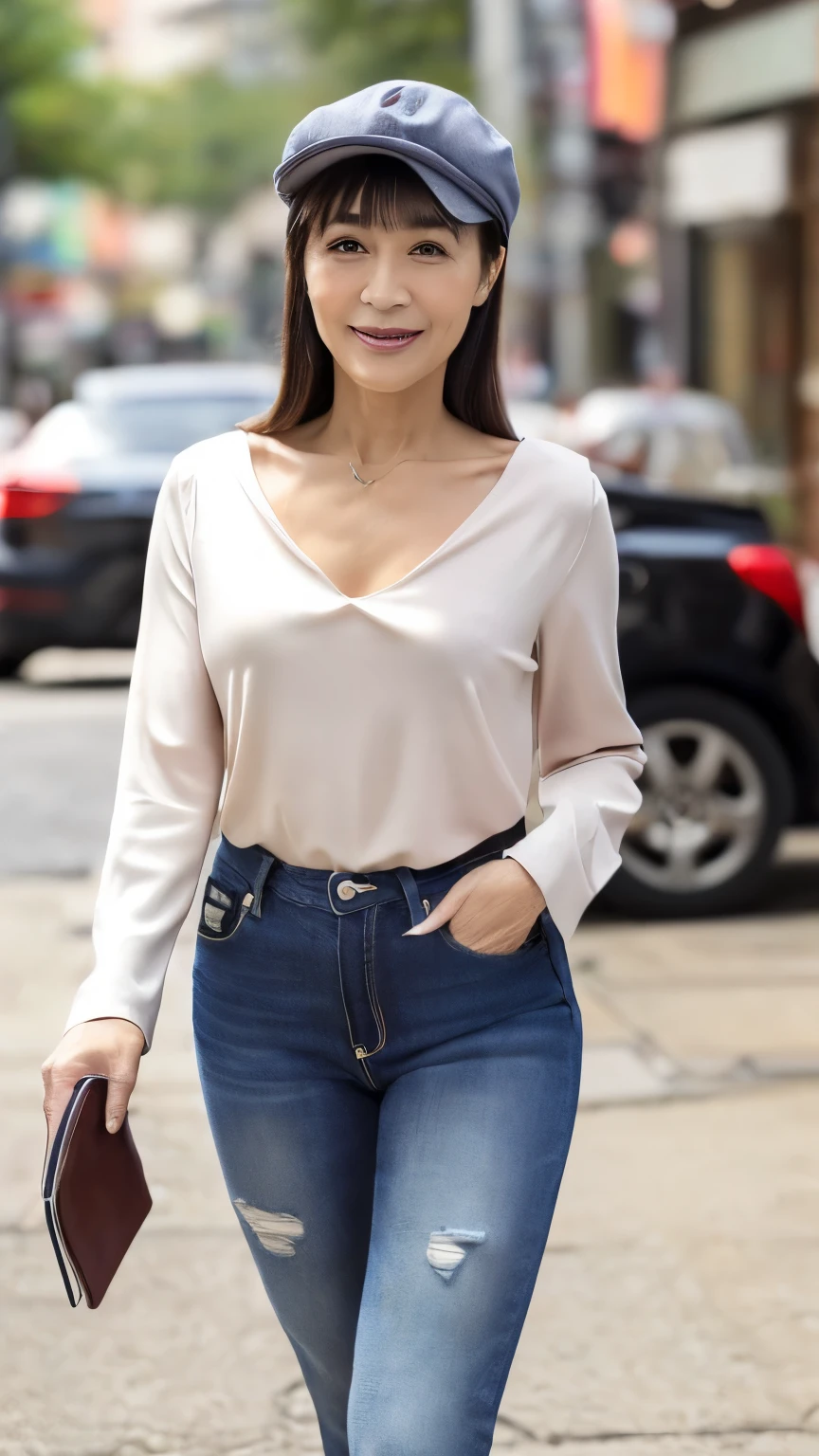 ((highest quality)), ((8K)), ((masterpiece: 1.3)), (Perfect appearance), (Photorealism: 1.6), (都会の歩道を歩くJapanese Mature: 1.8), (A beautiful woman walking briskly: 1.8), (During rush hour when many people are coming and going: 1.2), (Sidewalk in an office district: 1.4), (A woman walking towards me, Centered: 1.2), (Angle from diagonally above: 1.4), (Full body portrait: 1.4), (60 years old, Japanese Mature), ((Realistic skin texture)), (Fine lines all over the skin), (Dull skin), (Facial wrinkles), (Wrinkles around the eyes), double eyelid, Tear bags under the eyelids, Closed lips, Calm expression, (Short bangs: 1.2), (Long Hair: 1.6), (Large brim cap), (Plain Cap), (Cap worn low over the eyes: 1.6), (V-neck blouse: 1.2), (The shape of the nipple is protruding: 1.3), (Slim jeans: 1.4), (High heels: 1.4),