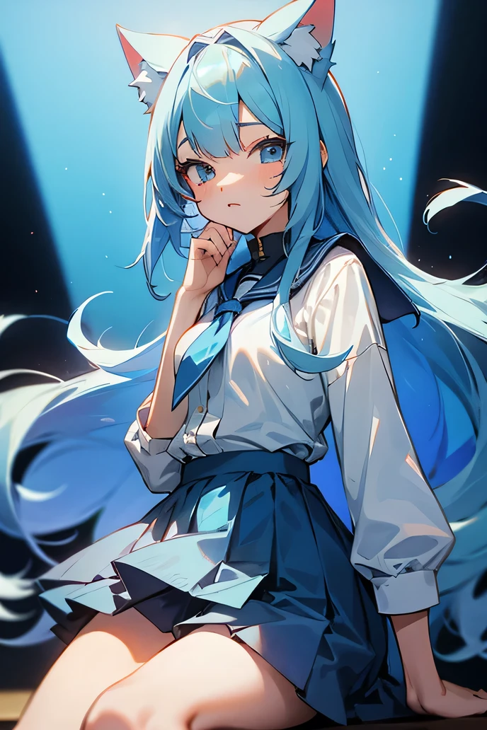 Light blue hair girl、Long Hair、Junior high school students、Cat ears light blue、cute