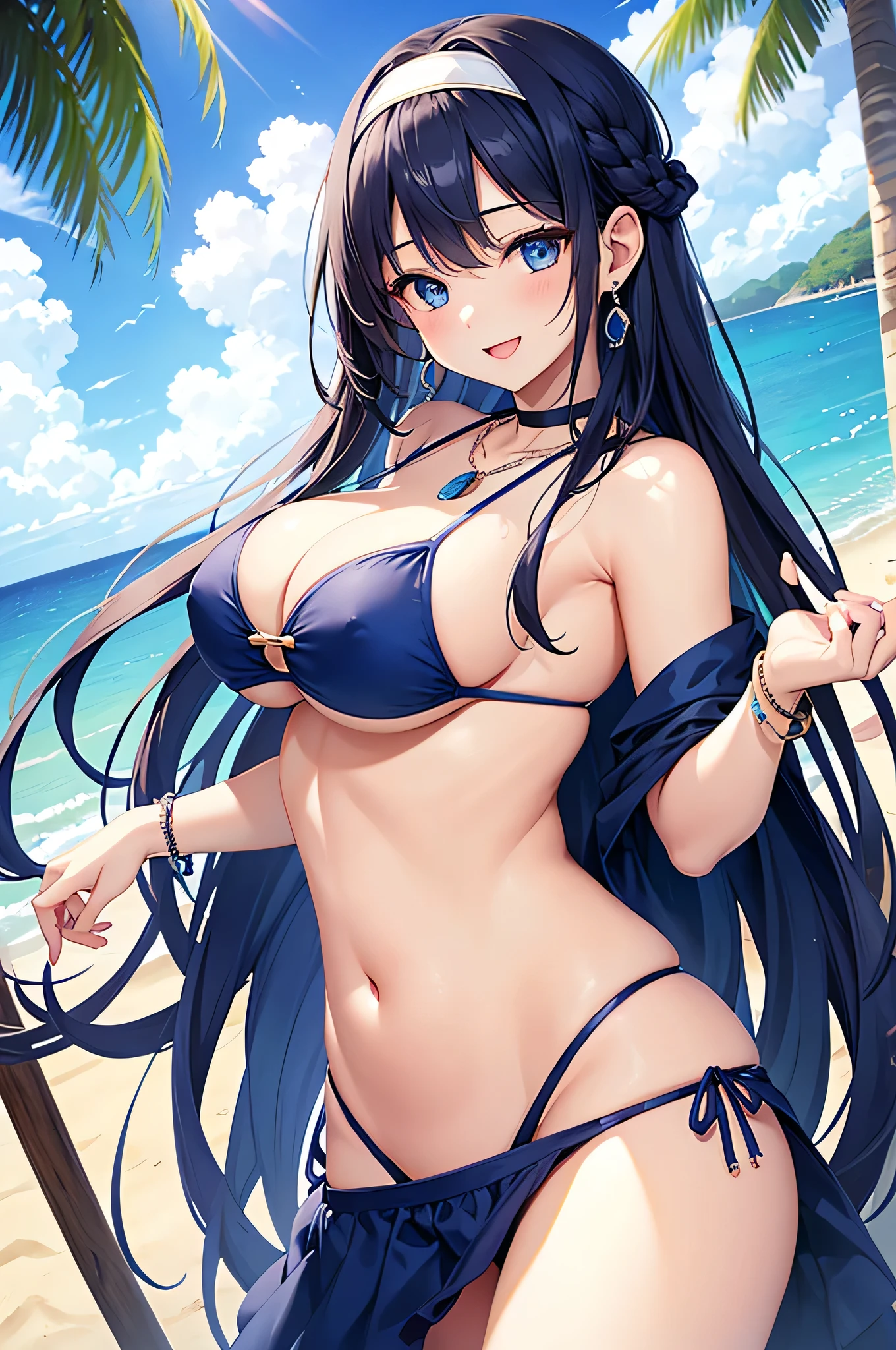 highest quality、Best image quality、masterpiece、beautiful girl、Navy blue long hair、blue eyes、Navy Blue Bikini、Big cleavage、(Big Breasts)、smile、blue necklace、Blue Earrings、background(Beach)、Sexy pose、Please open your mouth wide、White headband、angle(From the side)、bracelet