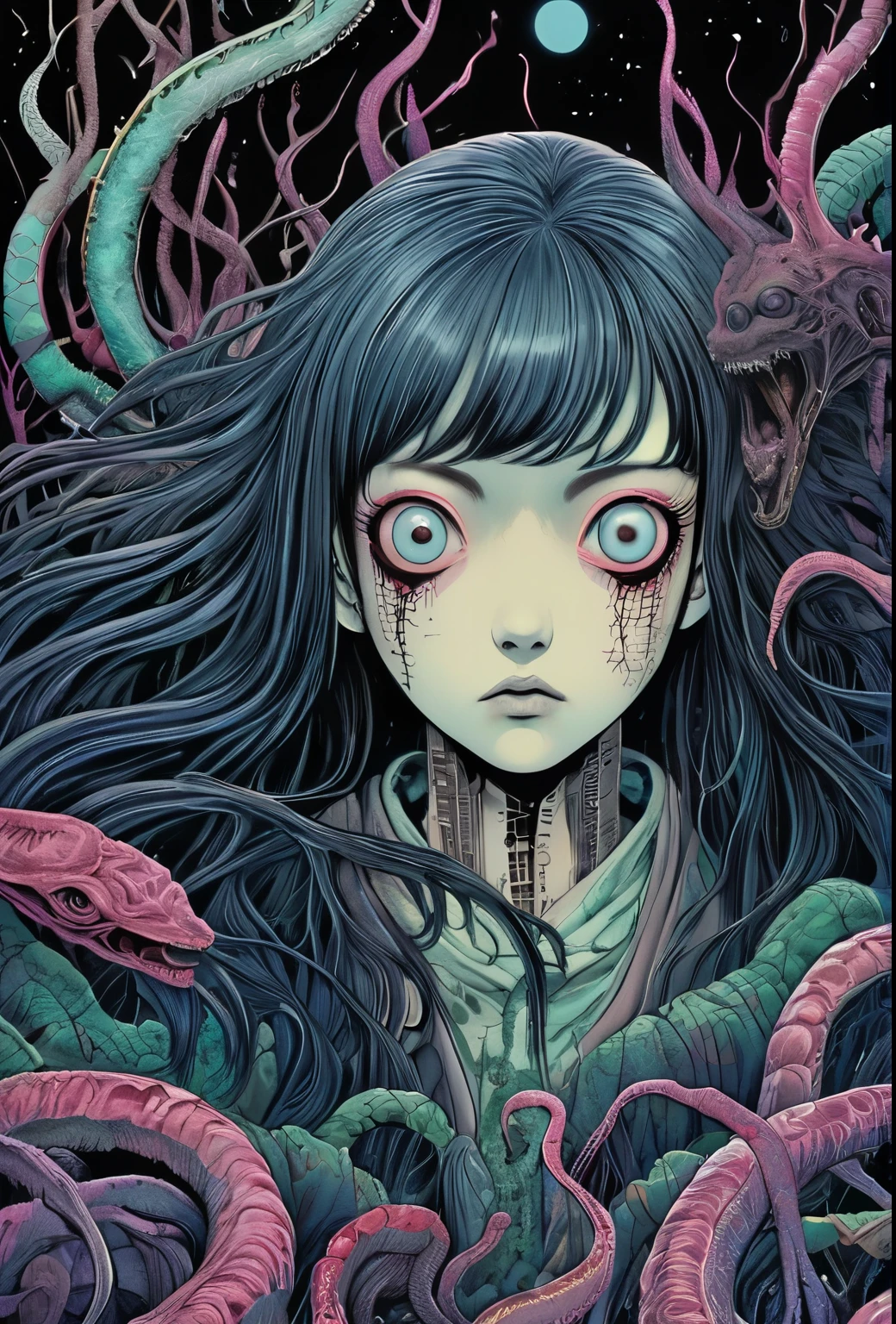 horror-themed lovecraftian horror Junji Ito, Raw digital photo, Film Washi, "The Frost of (80s style:0.65) (hand drawn, anime:1.2) (girl:0.8) , analogue vhs distortion, intricately detailed linework, vibrant colors", Hisui Sugiura, Intricate and vivid depiction of Junji Ito's work in film form. The artist's signature style is evident throughout, from the detailed linework and vibrant colors to the subtle analogue VHS distortion. The image captures a girl in her natural habitat, surrounded by intricate details that bring the scene to life. The overall effect is a stunning representation of Ito's unique vision. Hisui Sugiura Assistant has done an excellent job in capturing the essence of this iconic artist's work. The image is a true masterpiece.  . eldritch, cosmic horror, unknown, mysterious, surreal, highly detailed . eerie, unsettling, dark, spooky, suspenseful, grim, highly detailed