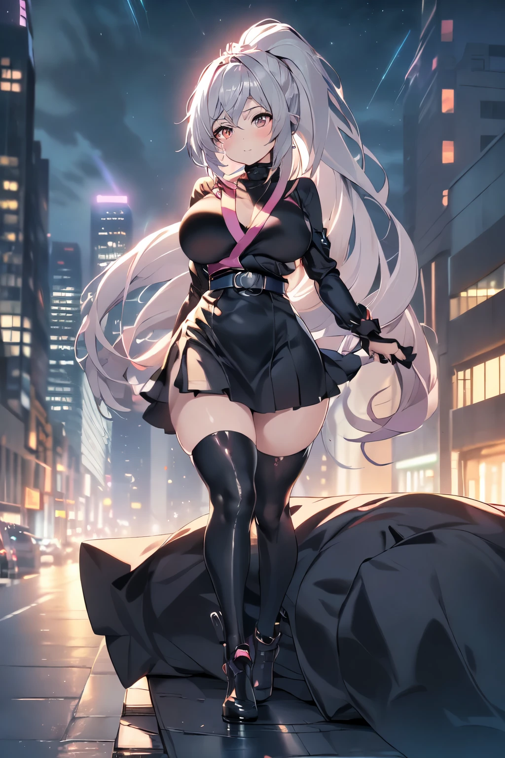 anime, (artwork, best quality, ultra-detailed, high contrast), 1 woman brasilian (Alone, full body, plus size body, standing on the edge of the skyscraper, silver hair, LONG In a ponytail, red eyes, perfect eyes ruby sparkles, (simple black long kimono, black cybernetics with neon pink), transparent black socks), (skyscraper roof, overlooking a city, detailed background ((night time, Darkness, low light pollution)))