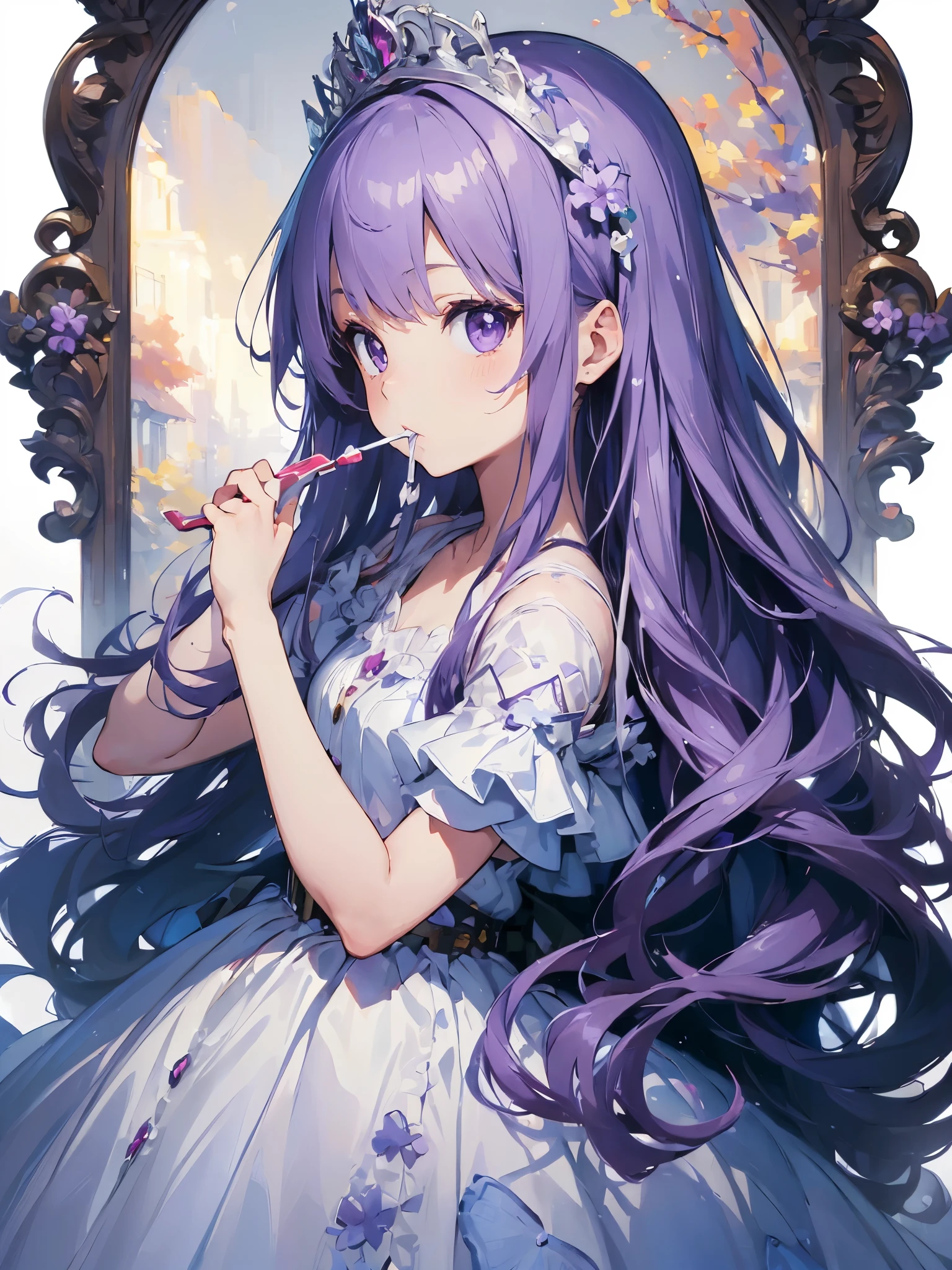 (White Background:1.5)A girl brushing her teeth, Beautiful and detailed, Purple long hair, Pale purple eyes, Princess Dress, Side Shot, (null:1.3), Impressionism