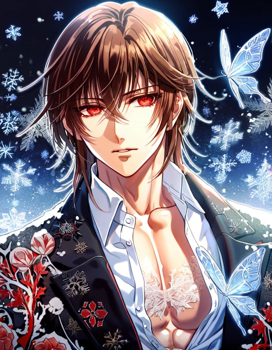 Ultra detailed, HDR, Highres, absurdres, master piece, Kaname Kuran, brown hair, expressive red eyes, black coat with patterns, Vampire Knight, ice butterflies, winter, ice, snowflakes, white flowers, sexy man, solo, extremely detailed face and eyes, handsome, glittering, toned chest, white shirt,