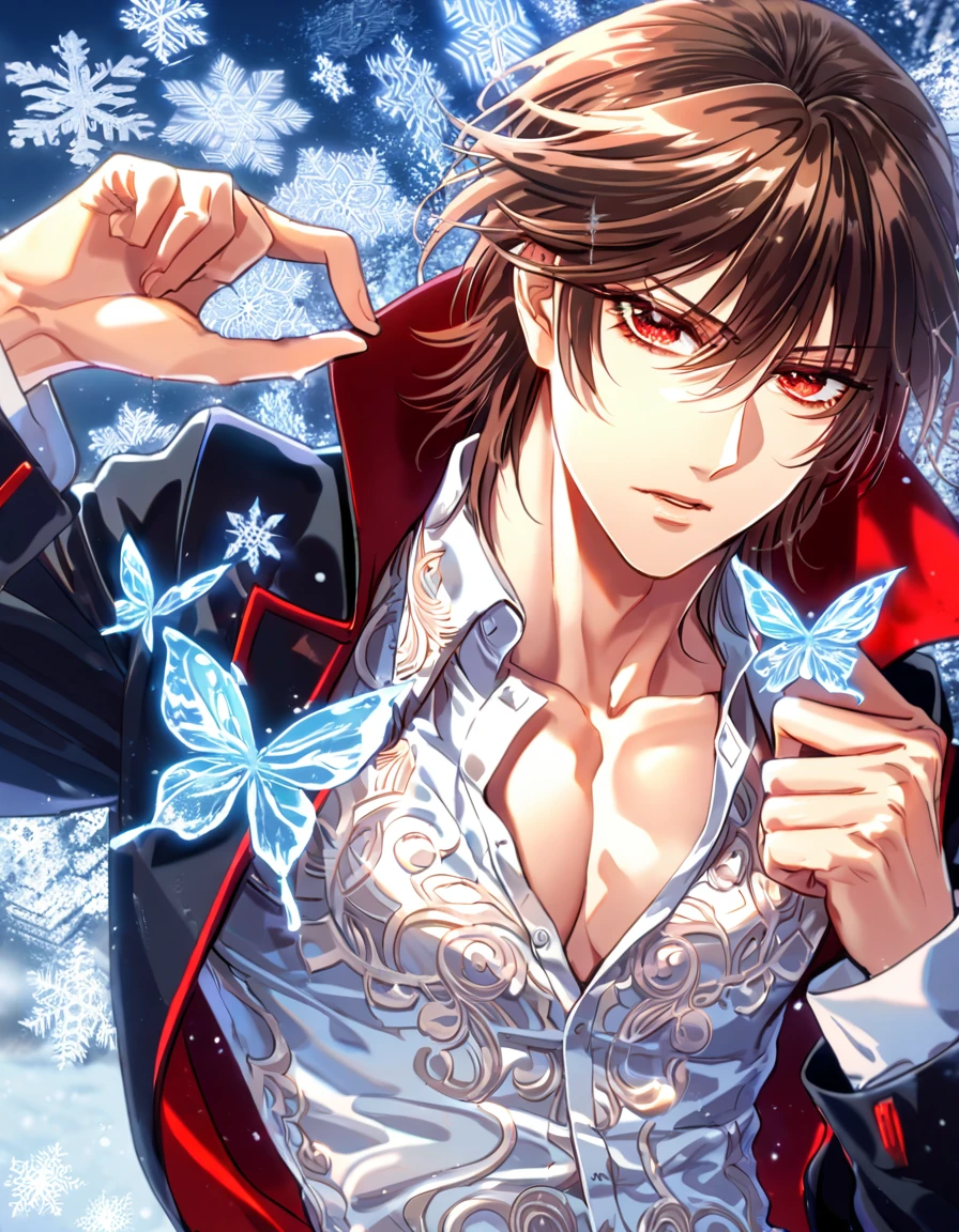 Ultra detailed, HDR, Highres, absurdres, master piece, Kaname Kuran, brown hair, expressive red eyes, black coat with patterns, Vampire Knight, ice butterflies, winter, ice, snowflakes, white flowers, sexy man, solo, extremely detailed face and eyes, handsome, glittering, toned chest, white shirt,
