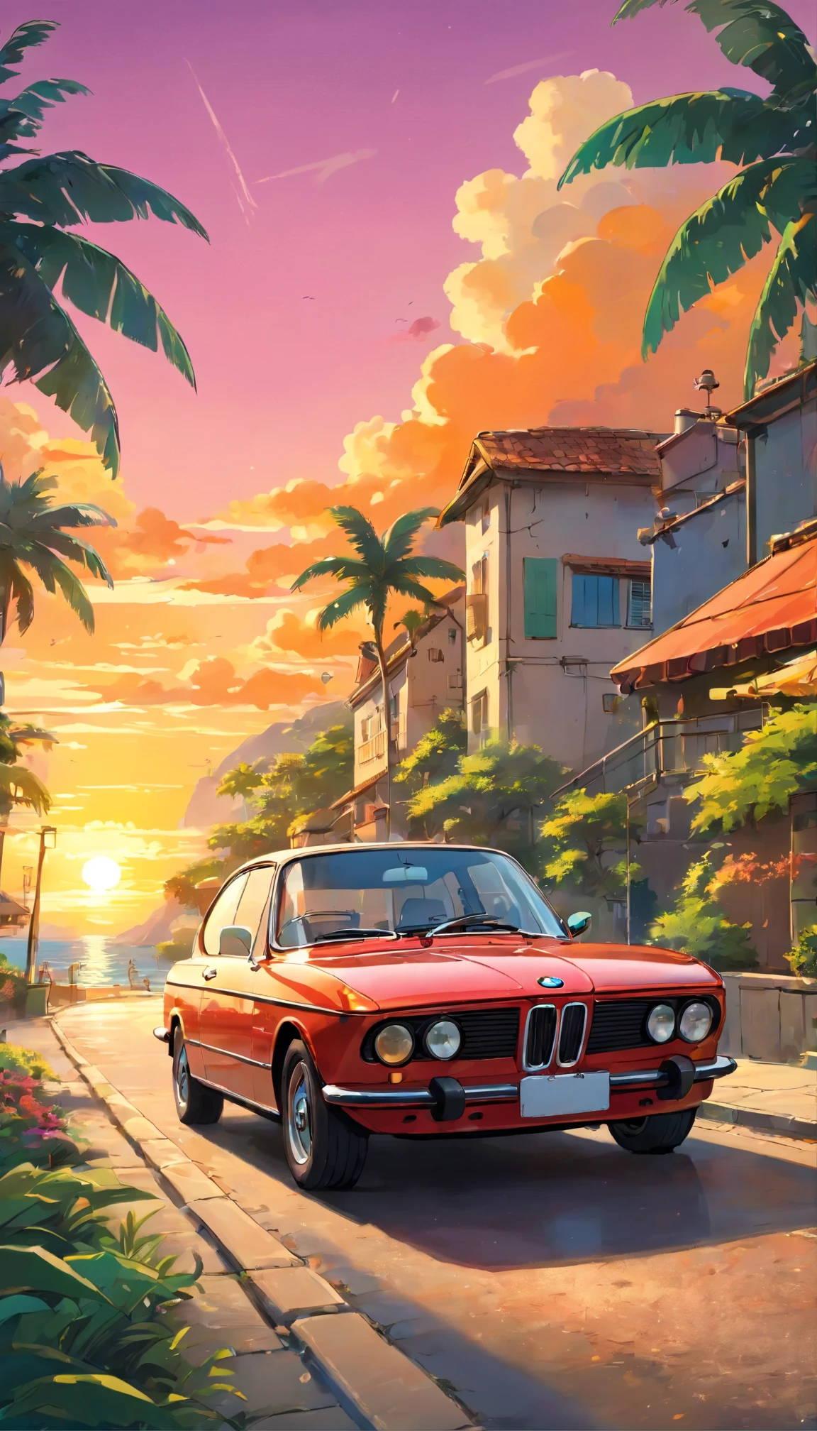 best quality,4k,8k,highres,masterpiece:1.2,ultra-detailed,realistic:1.37,(design de adesivo),(classic BMW car),(sunset background),(palm trees),5 layers of colors,(Corner Street),(Beleq drum),(Presean),black-colored car,sharp focus,HDR,extreme detail description,professional,vivid colors,physically-based rendering,bokeh