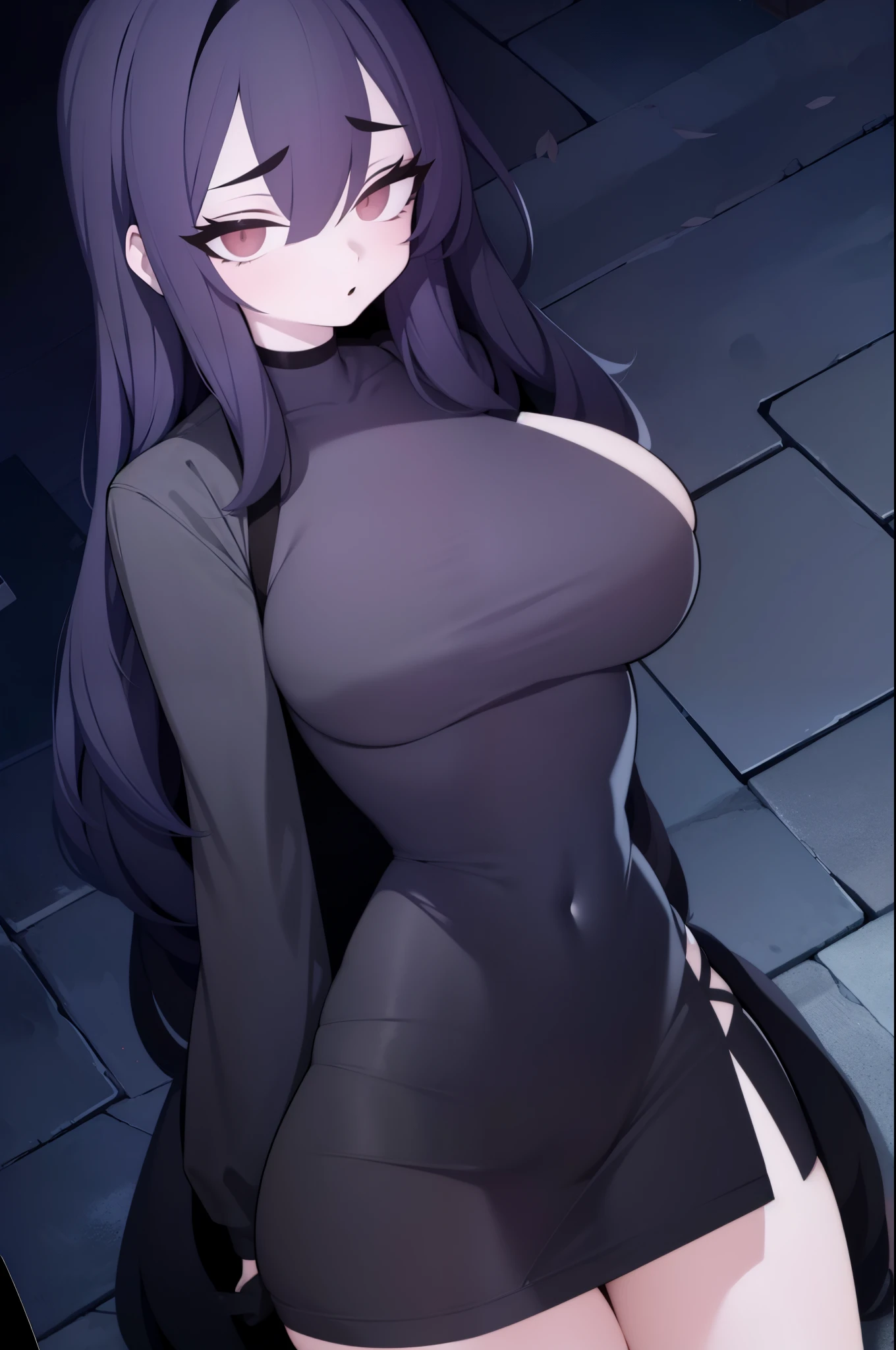 (best quality,highres), 1woman, yandere, , black hoodie, black skirt, night dark place, alleyway. Hourglass body and mature woman.