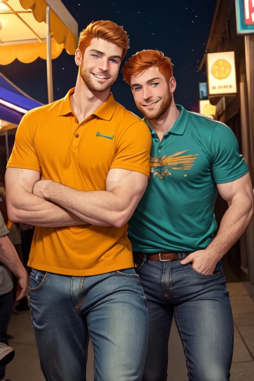 Photo-realistic. A tall, muscular, handsome, 24-year-old jock, with orange hair, stubble, and green eyes, wearing a teal, graphic T-shirt, and jeans, arm around a fit, handsome, 30-year-old, man with short, shaved, brown hair, stubble, and blue eyes, wearing a short sleeve, pale yellow polo shirt, and gray slacks, walking close to each other, leaning into each other, smiling slightly, at a carnival, at night.